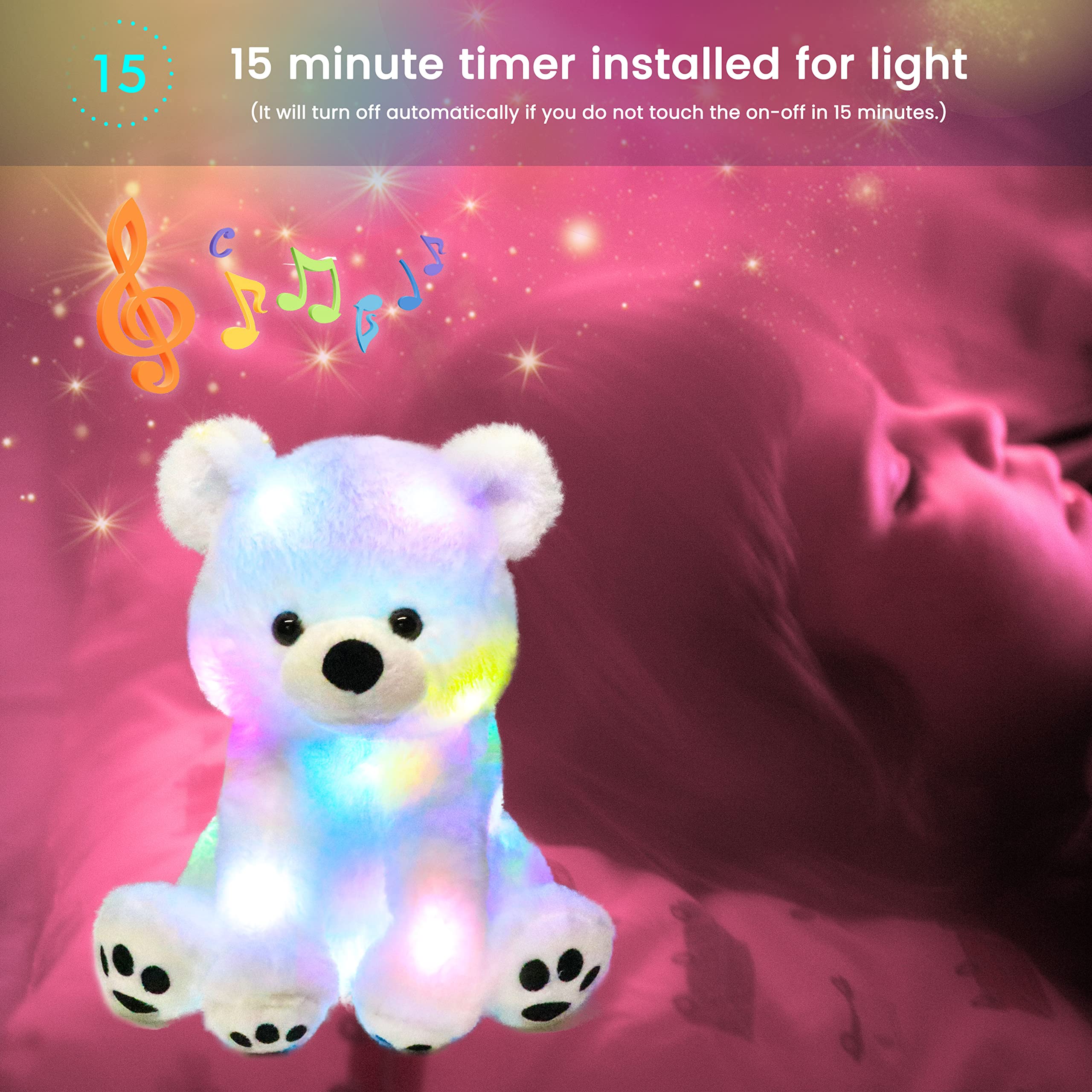 Hopearl Lullaby - Ours Polaire Musical rempli de LED - Jouet en Peluche - Volume réglable - Animé - pour Enfants et Jeunes Filles - Blanc - 28 cm