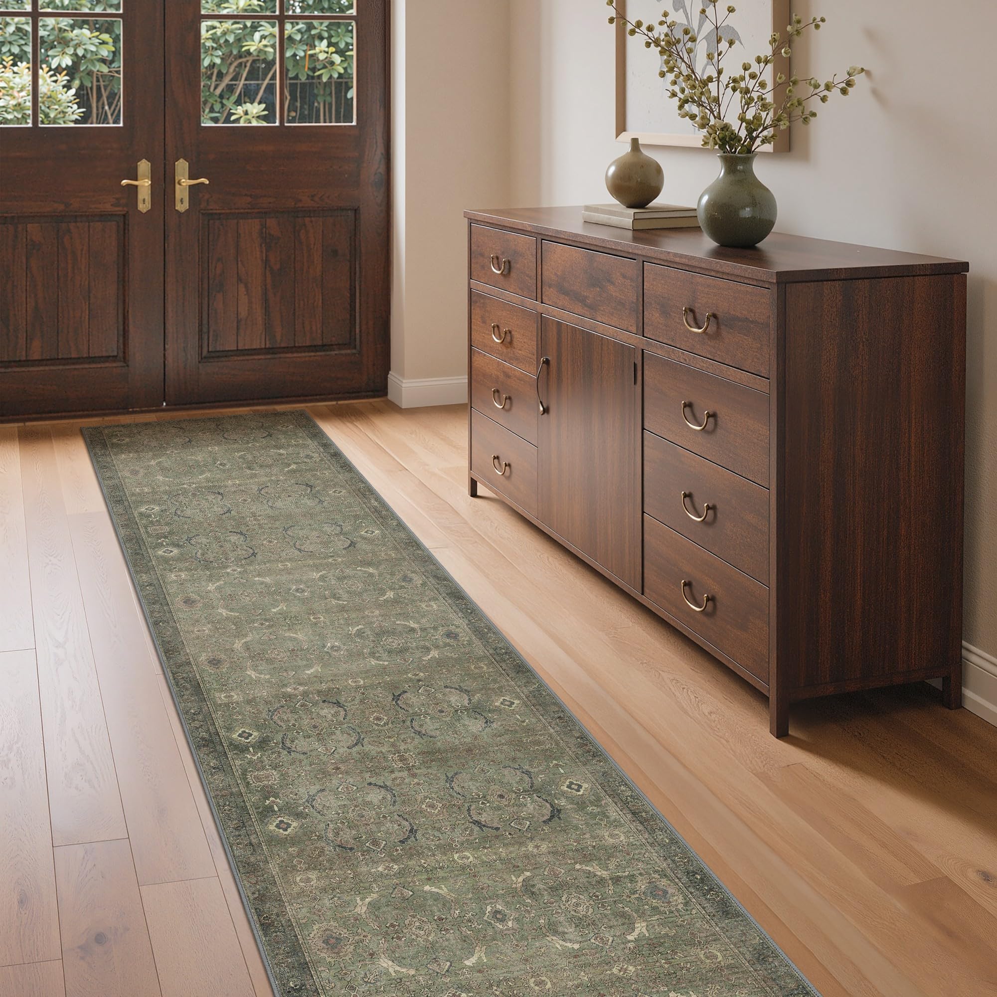 GENIMO Runner Rugs 80x150cm, Machine Washable Hallway Runners, Boho Area Rugs, Non-Slip Carpet, Low Pile, Non-Shedding, Traditional Oriental Printed, Office, Bedroom, Indoor, Taupe & Soft Neutrals