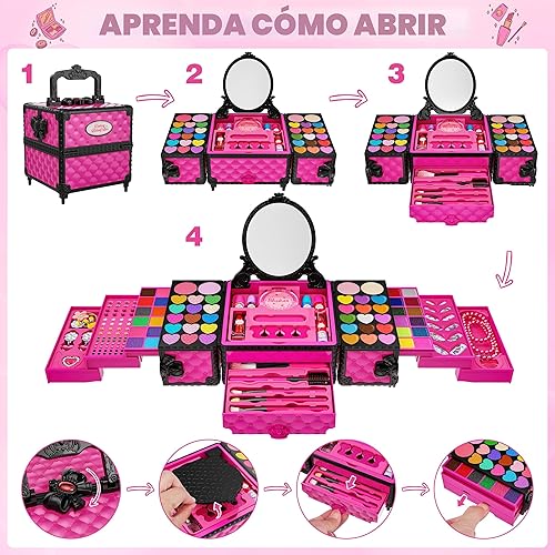 Miniatura 4 de Juego de 99 piezas de maquillaje para niñas, juguetes de princesa, juego de cosméticos lavables con espejo, lazos para el cabello, uñas, anillos,