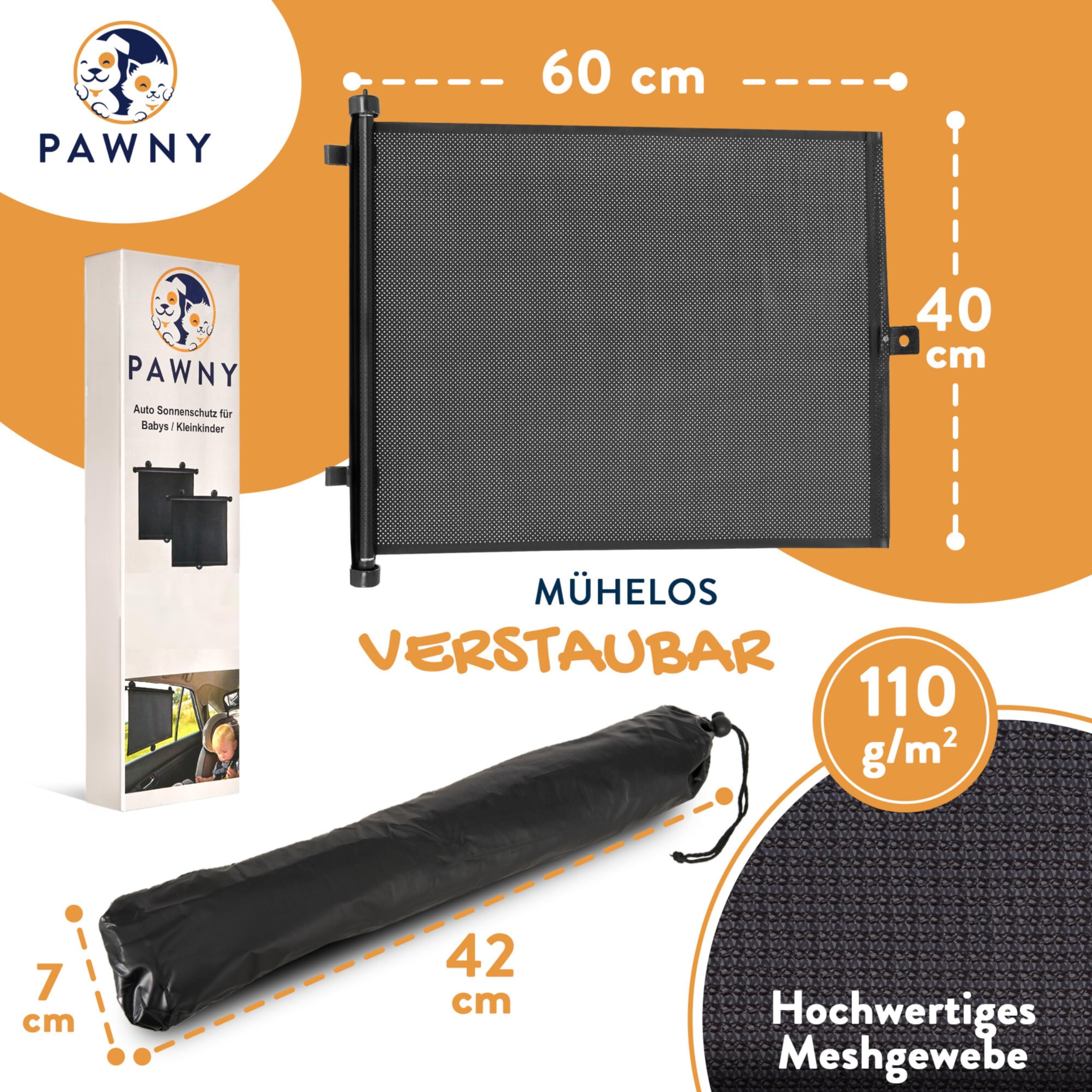 Sonnenrollo Auto 2er-Set – Rollfunktion Flexibel Bis 40x60 Cm, UV-Schutz Schwarz Für Baby & Kinder