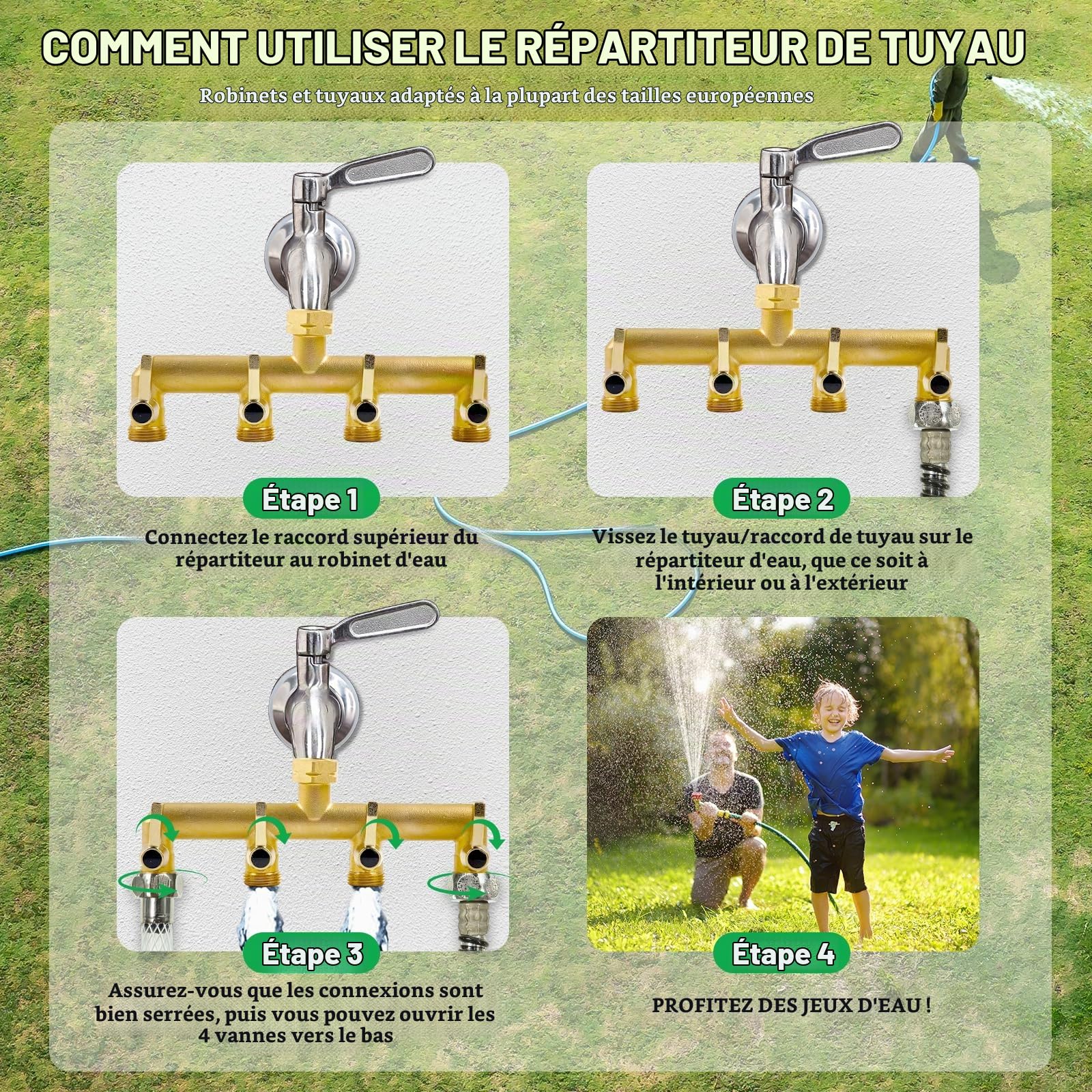 Répartiteur de Tuyau 4 Voies en Laiton Massif avec Vannes d'arrêt, Connecteur de Tuyau Séparateur de Buse Connecteurs de Robinet Confortable pour Le Jardin et La Vie à La Maison