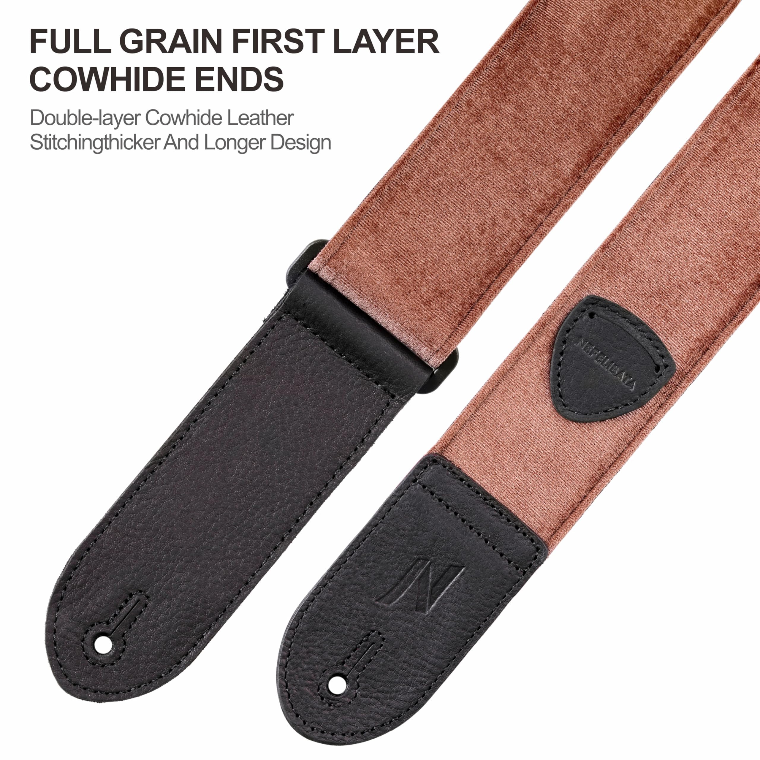 Nefelibata Guitar Strap,Double Full-Grain Leather Ends,Vintage Velvet Strap/FREE BONUS-4 Picks+Locks+Strap Button,Gift For Bass,Electric&Acoustic Guitars(Vintage Coffee Brown) - Image 3