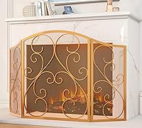 Vista 5 de Fire Beauty Pantalla de Chimenea de 3 Paneles de Hierro Forjado Metálico 48"(L) x 30"(H) Protector contra Chispas (Acabado Dorado)