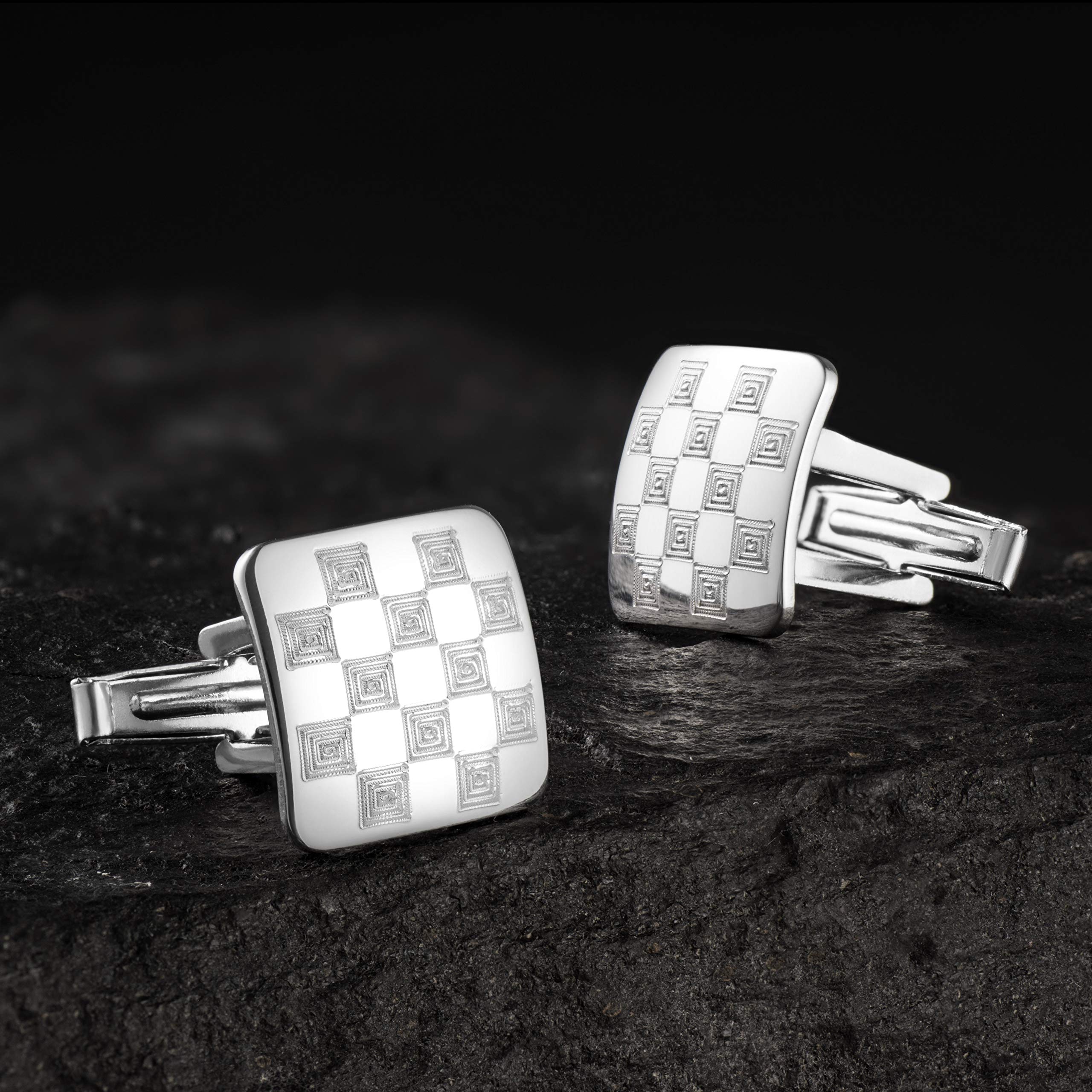 Gemelli Da Polso E Fermacravatta In Argento Sterling Con Sobrio Motivo A Scacchiera Per Uomo