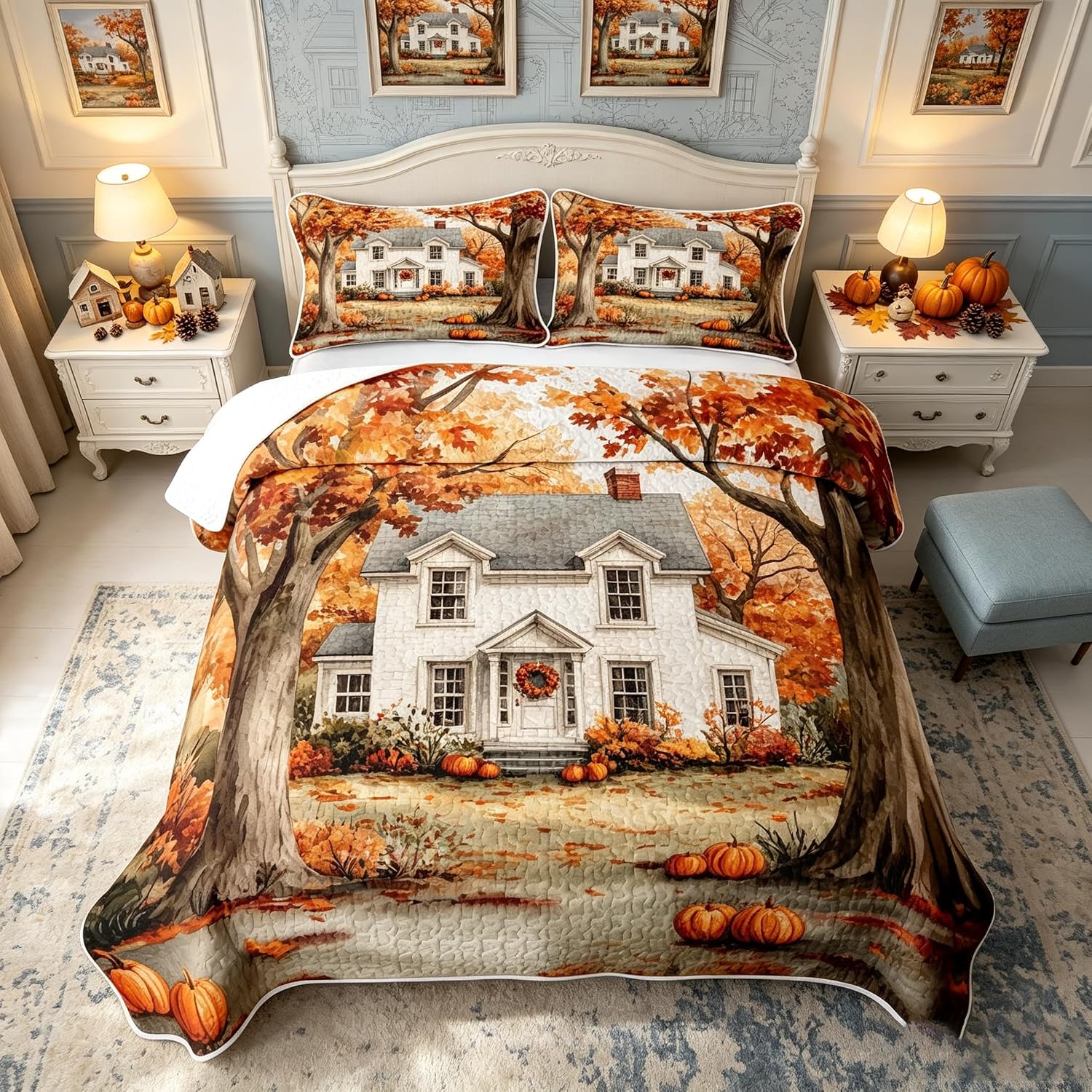 Manfei Watercolor Maple Seamless Quilt Set Twin Size,Mixed Autumn Leaf Quilted Bedspread for Kids,Autumn Style Quilted Coverlet with 1 Pillow Sham,Teal Cream Bed Covers for All Season