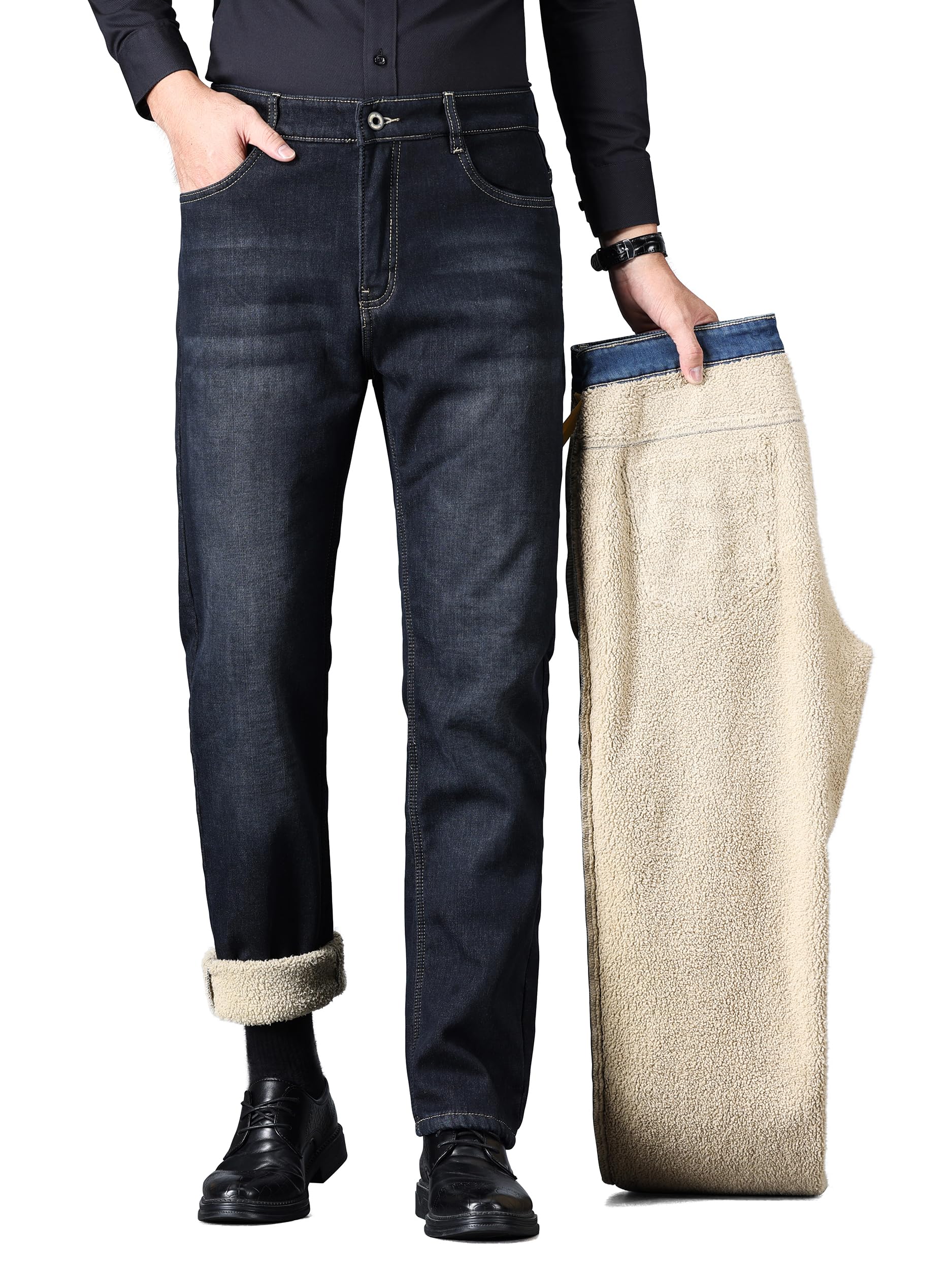 ziilay Verdikte lamsfleece thermische jeans heren thermische broek sneeuwbroek teddyfleece gevoerde winterbroek stretch, Washed Blue, 34W / 30L