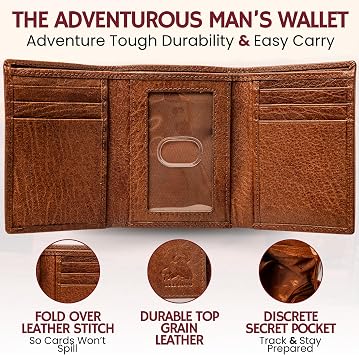 BULL GUARD RFID Genuine Leather Trifold Wallets for Men ID Window, Secret Pocket, Adventure Brown - Wild Buffalo Brown, S, RFID Wallet