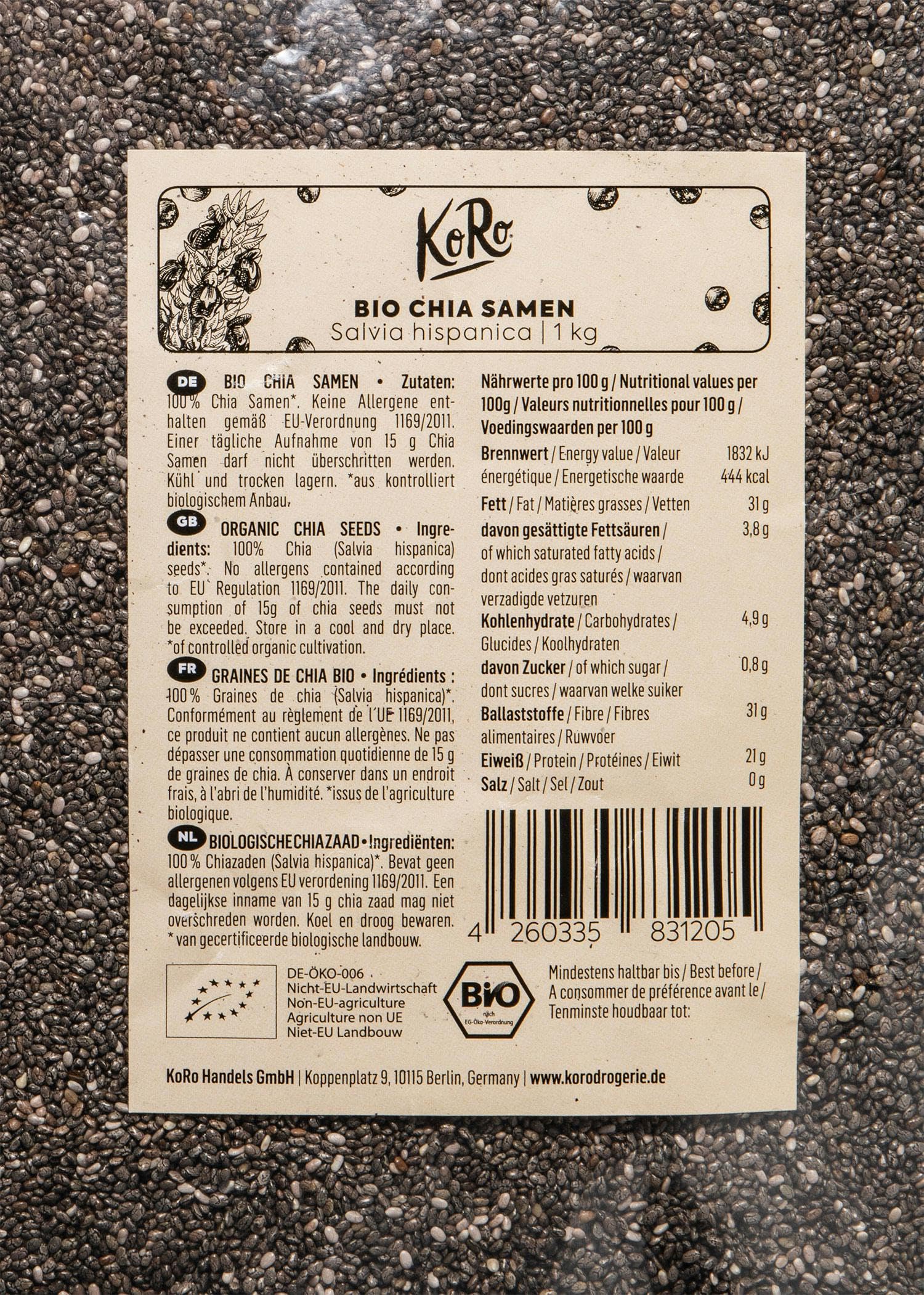 KoRo - Graines de chia bio | 1 kg - Super-aliment naturel - Issu de l'agriculture biologique – Riches en fibres – Source de protéines