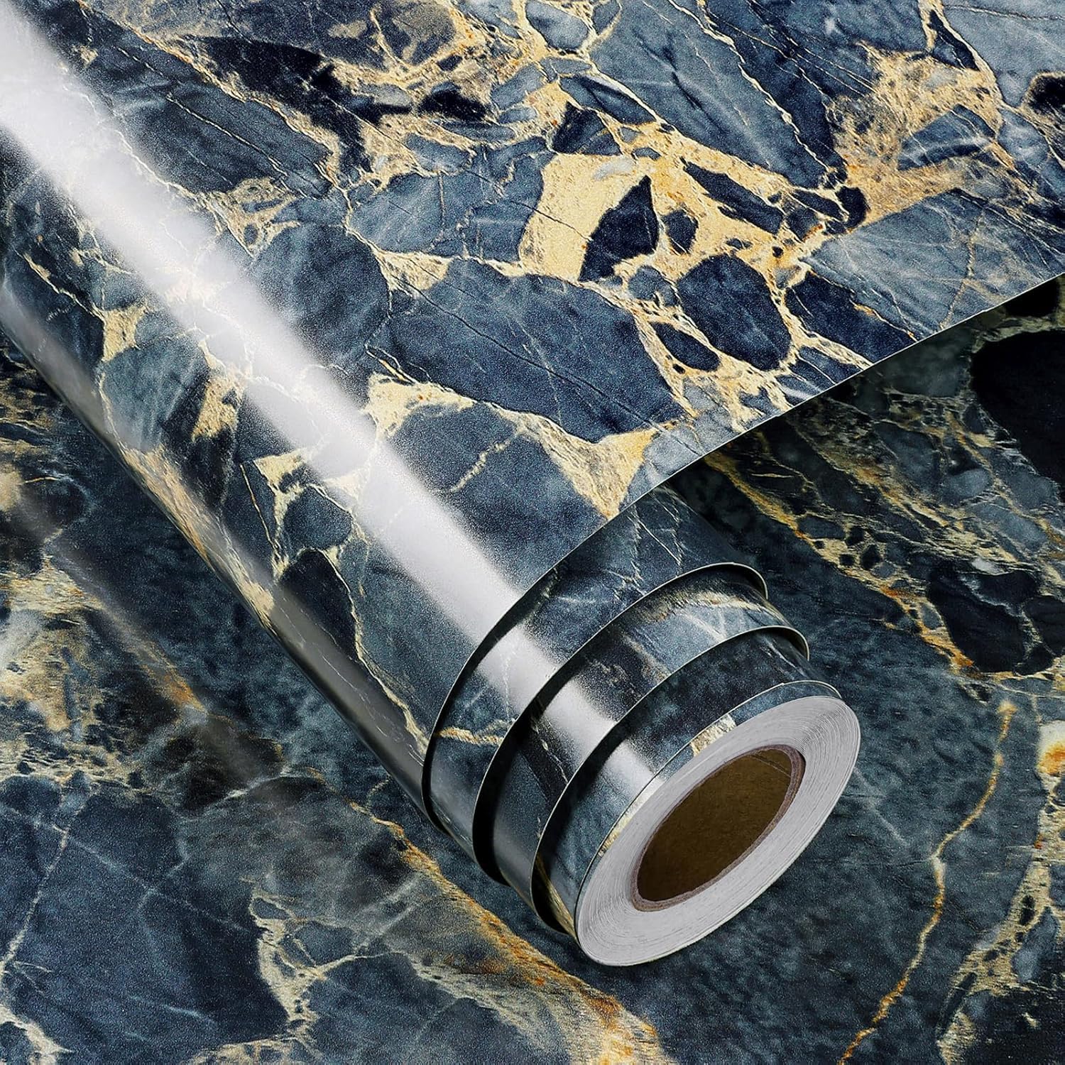 FunStick Marble Effect Wallpaper for Kitchen Worktop Covering Vinyl Self Adhesive Gold Blue Marble Wallpaper Waterproof Vinyl Wrap for Bathroom Worktop Dark Blue Sticky Back Plastic Kitchen 30CMx5M