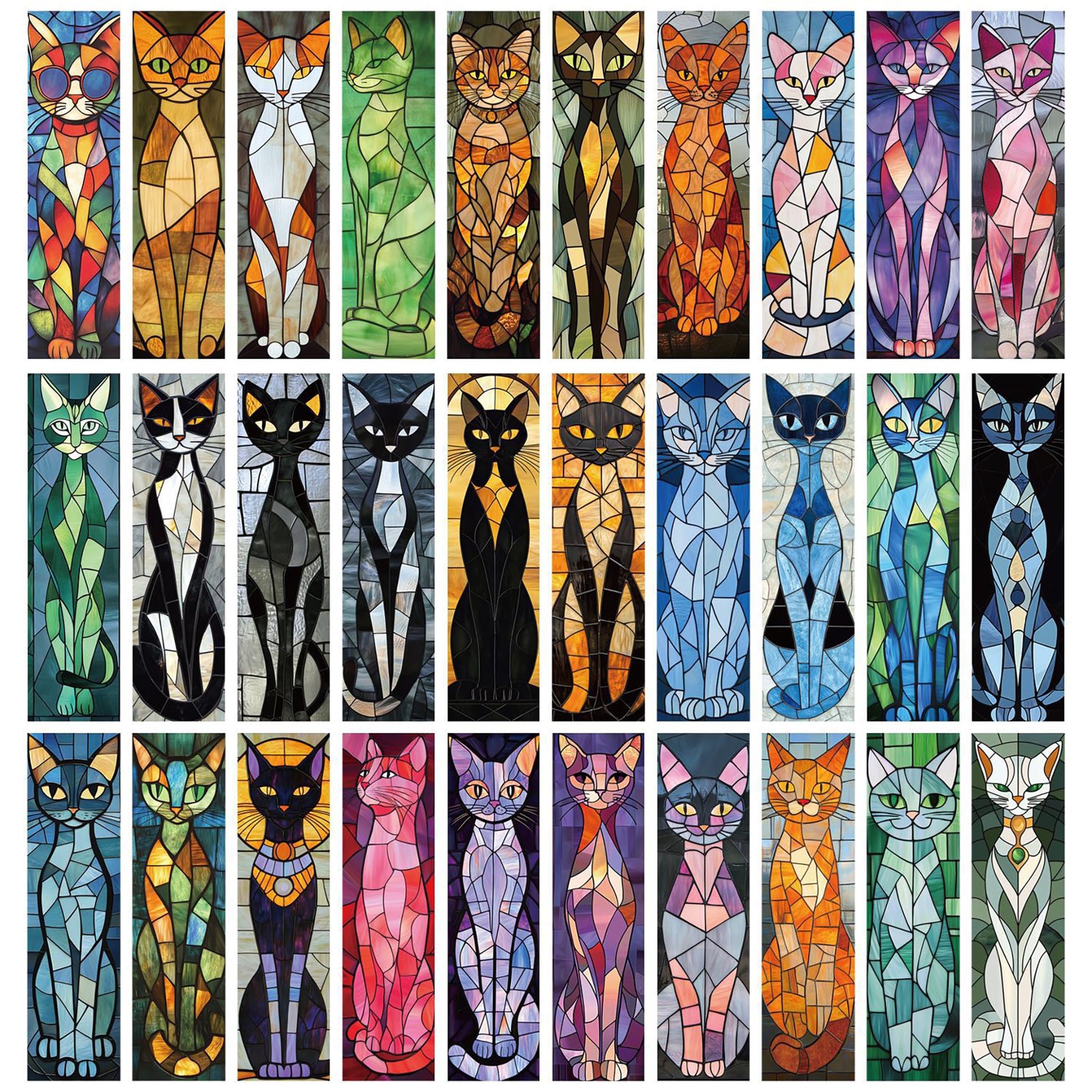 YIMINGOUFEI Stained Glass Cat Bookmarks, 30 Pack, 15 x 4 cm, Writable Back
