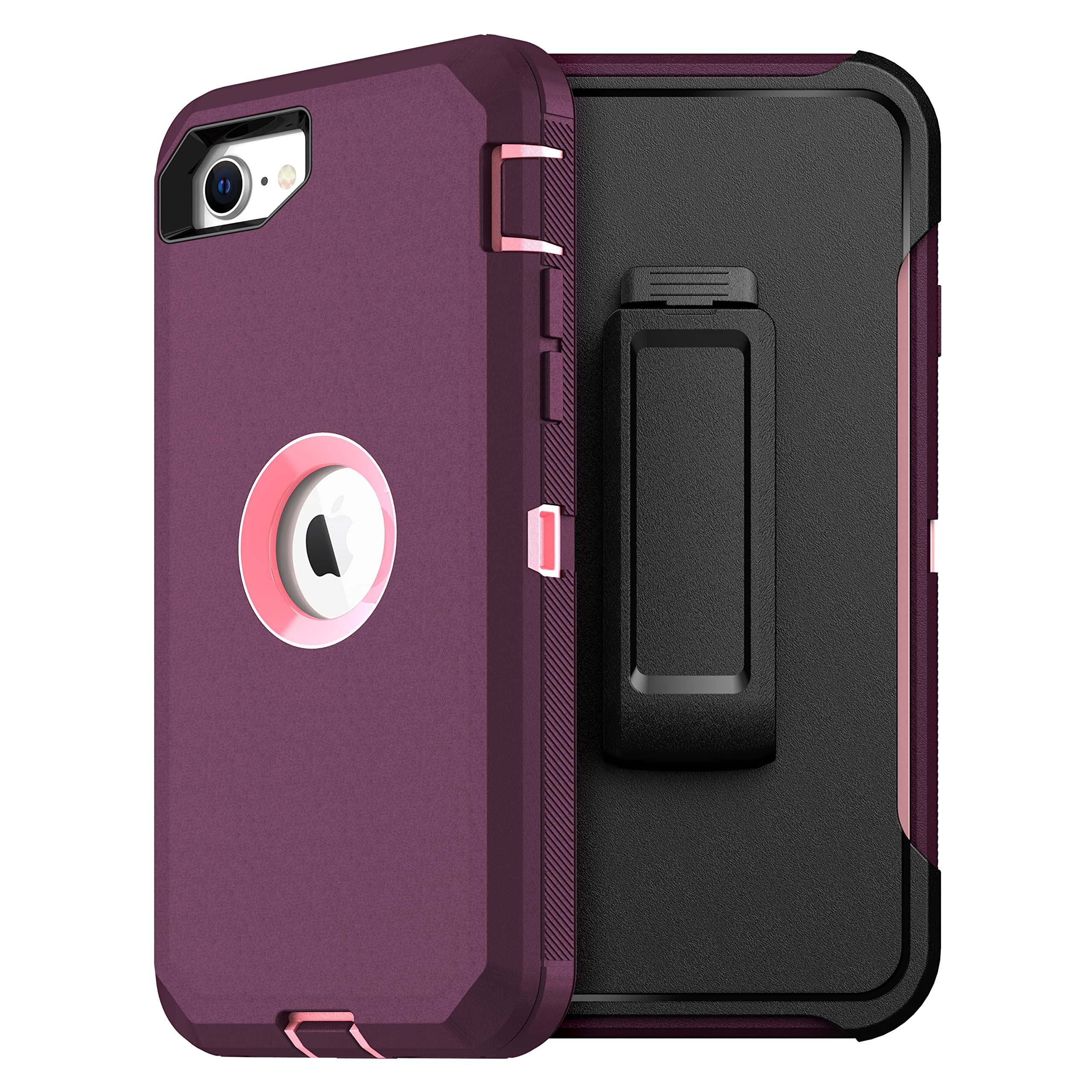 Mxx Iphone Se 2020 - Custodia Protettiva Resistente Con Pellicola Protettiva [3 Strati] In Gomma Resistente Antiurto E Clip Per Cintura Girevole A 360 Gradi Per Apple Iphone Se 2020 Prugna/Rosa Chiaro-image