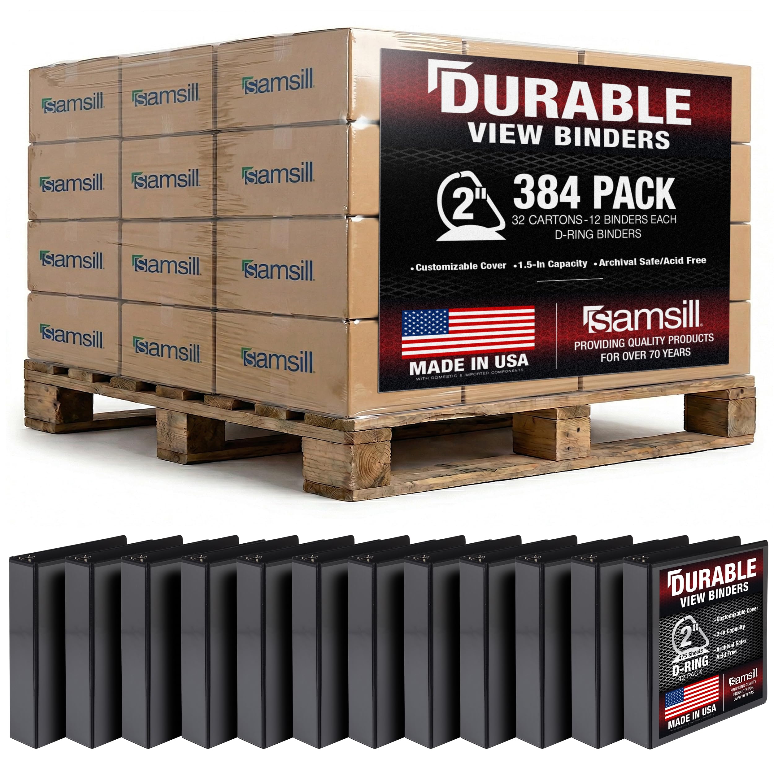 Samsill Durable 2 inch 3 Ring Binder, D Ring Binder, 100% Recycled Chipboard, Black, Pallet of 384 Binders in 32 Cartons