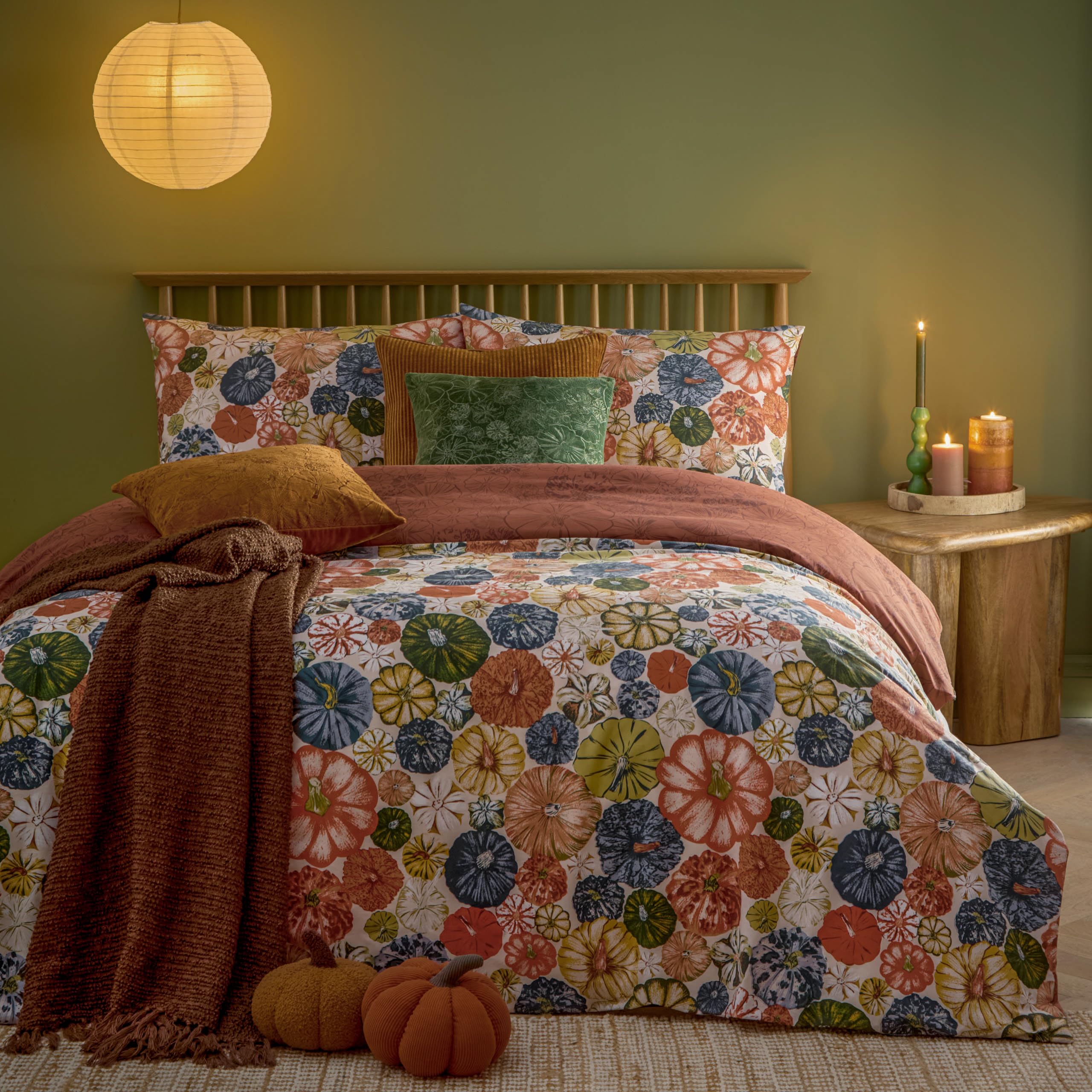 furn. Picking Patch Duvet Cover Set – Reversible Autumn Pumpkin Easy Care Bedding (Pecan – Single – 137x200cm)