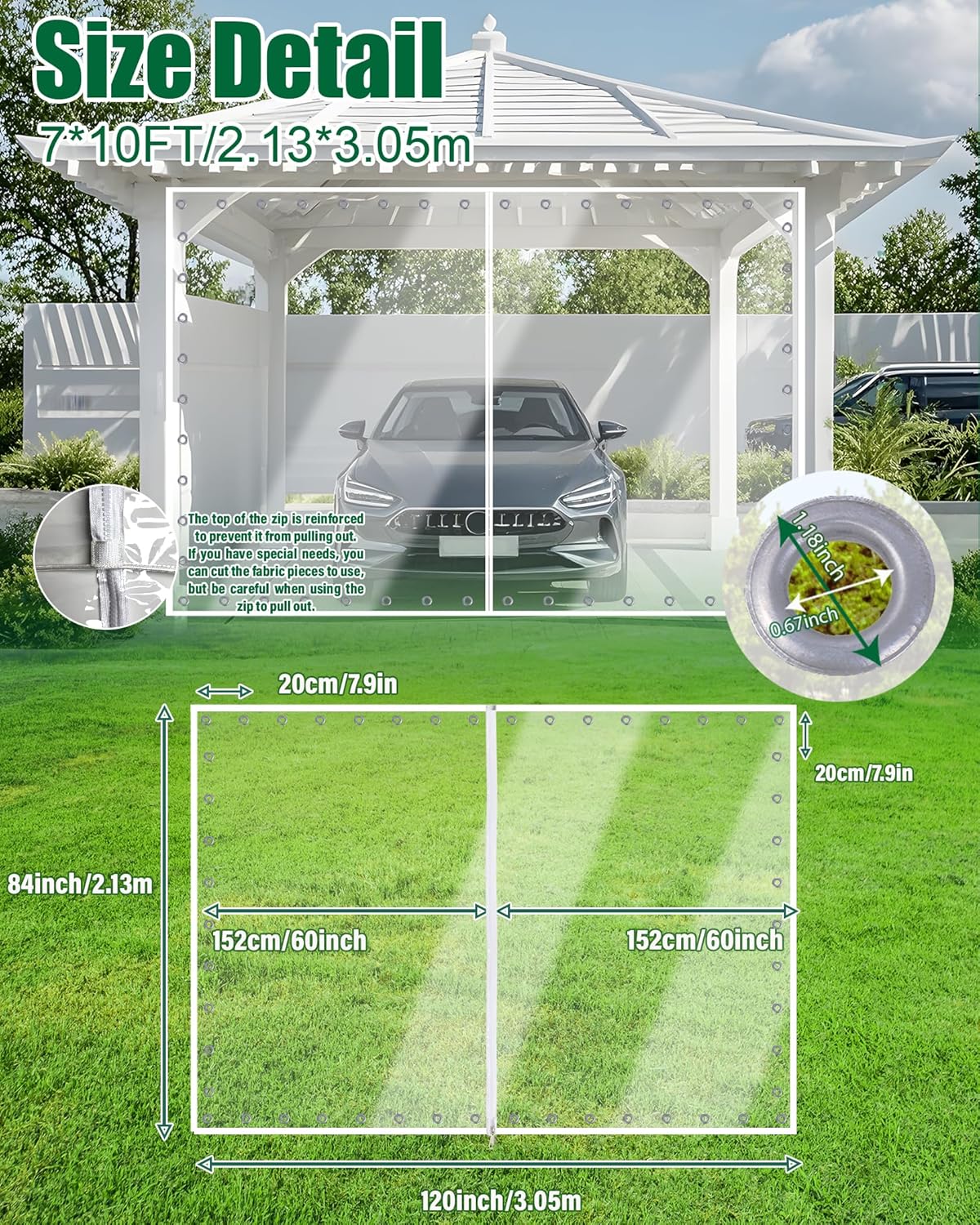 7'h x10'w outdoor vinyl curtain 19oz clear tarps with zipper,vinyl patio enclosure,outdoor curtains heavy duty waterproof transparent tarp with grommets for gazebo porch balcony pergola