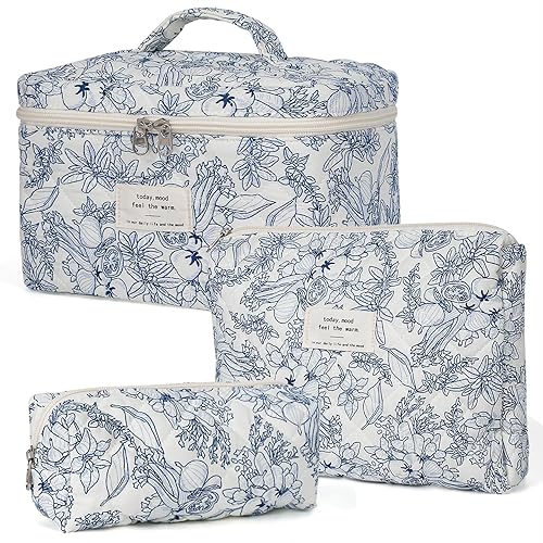 Miniatura 7 de Bolsa de maquillaje, bolsa de maquillaje acolchada, bolsa de cosméticos floral grande para mujeres, juego de bolsa de maquillaje de algodón, bolsa