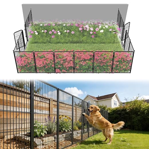 FXW Garden Fence Outdoor for the Yard – 40in(H) x 36.4ft(L) Heavy Duty Metal Animal Barrier for Dog, No Dig Decorative Dog Fence, 16 Panels, Black