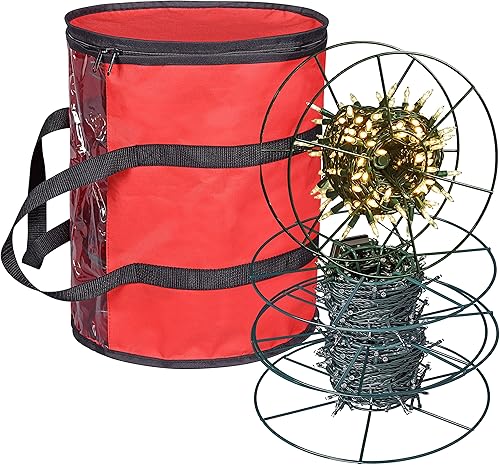 Miniatura 8 de ProPik Bolsa de almacenamiento de luz de Navidad  Organizador de almacenamiento de luz navideña con 3 carretes de metal para luces de árbol y cables