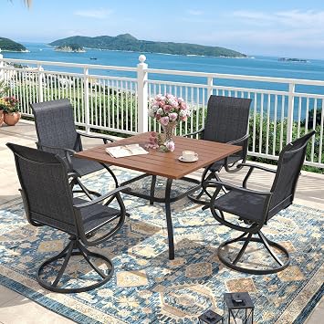 Outdoor Dining Set for 4, 37.8" Metal Outdoor Dining Table with Umbrella Hole and Sling Patio Swivel Chairs, 5 Pieces Patio Table and Chairs Set for Garden Backyard, Charcoal and Walnut