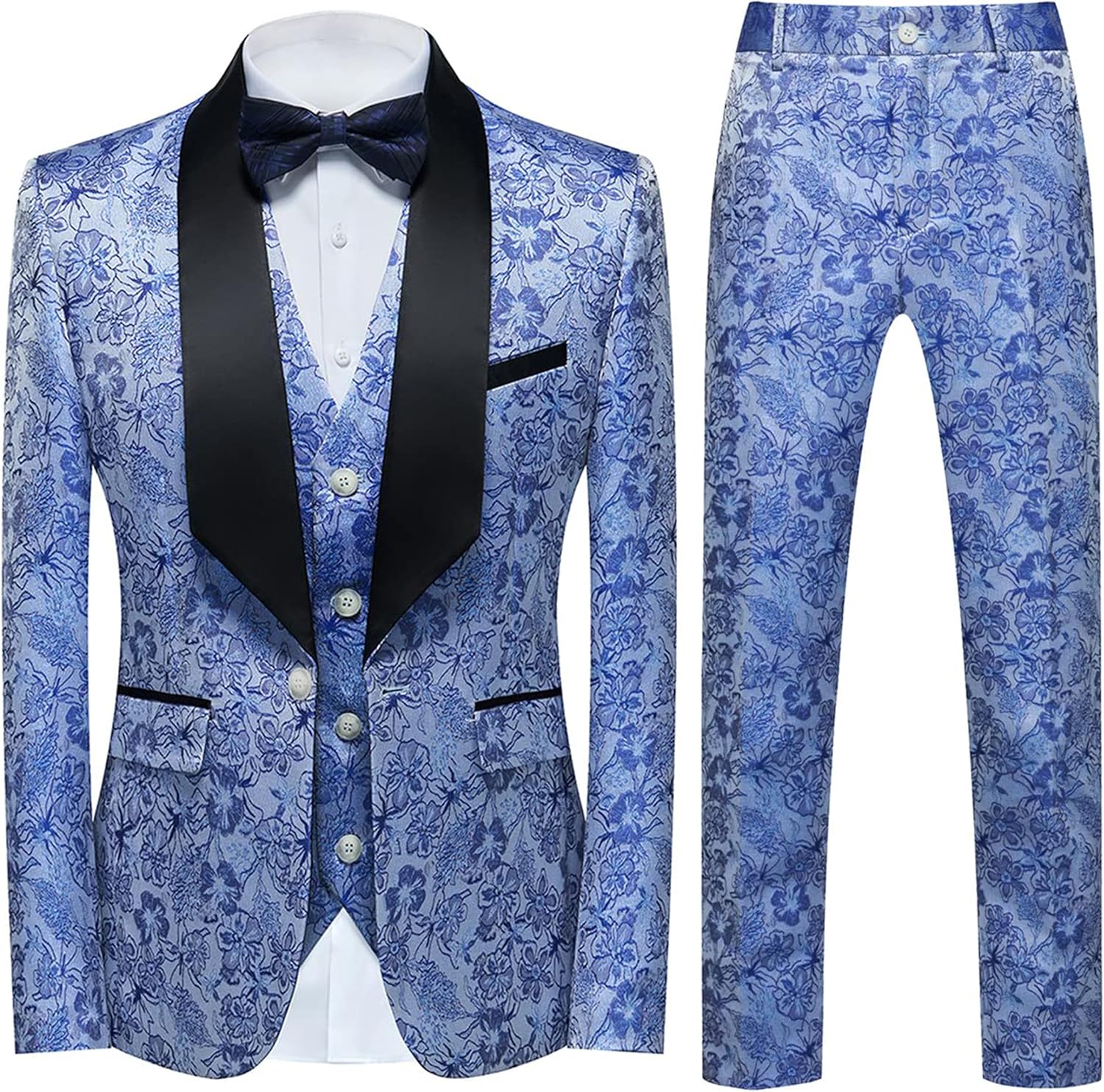 UNINUKOO Mens Slim Fit Suit 3 Piece 1 Button Paisley Prom Floral Wedding Tuxedo for Men