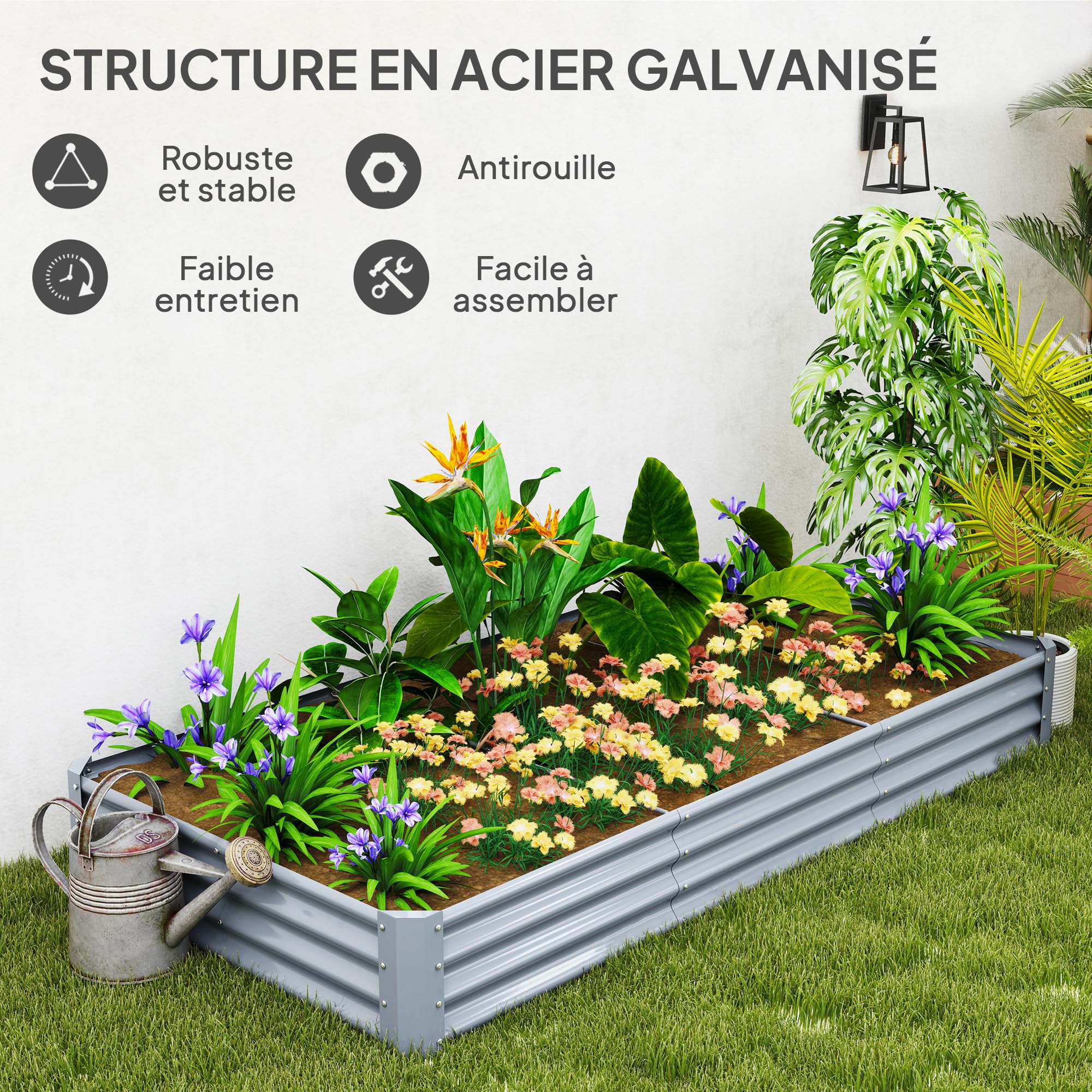 Outsunny Carré Potager rectangulaire, lit de Jardin surélevé en Acier galvanisé, Fond Ouvert, jardinière avec Bord Anti-Coupure Barres de Soutien, 240 x 120 x 30 cm, Gris argenté