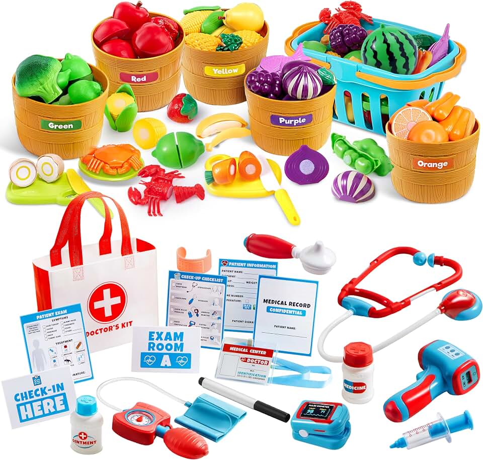 Learning Toys Play Food Set and Kids Doctor Kit, Play Food Set for Toddlers, Cutting Food Toy for Preschool Activities, Pretend Ro