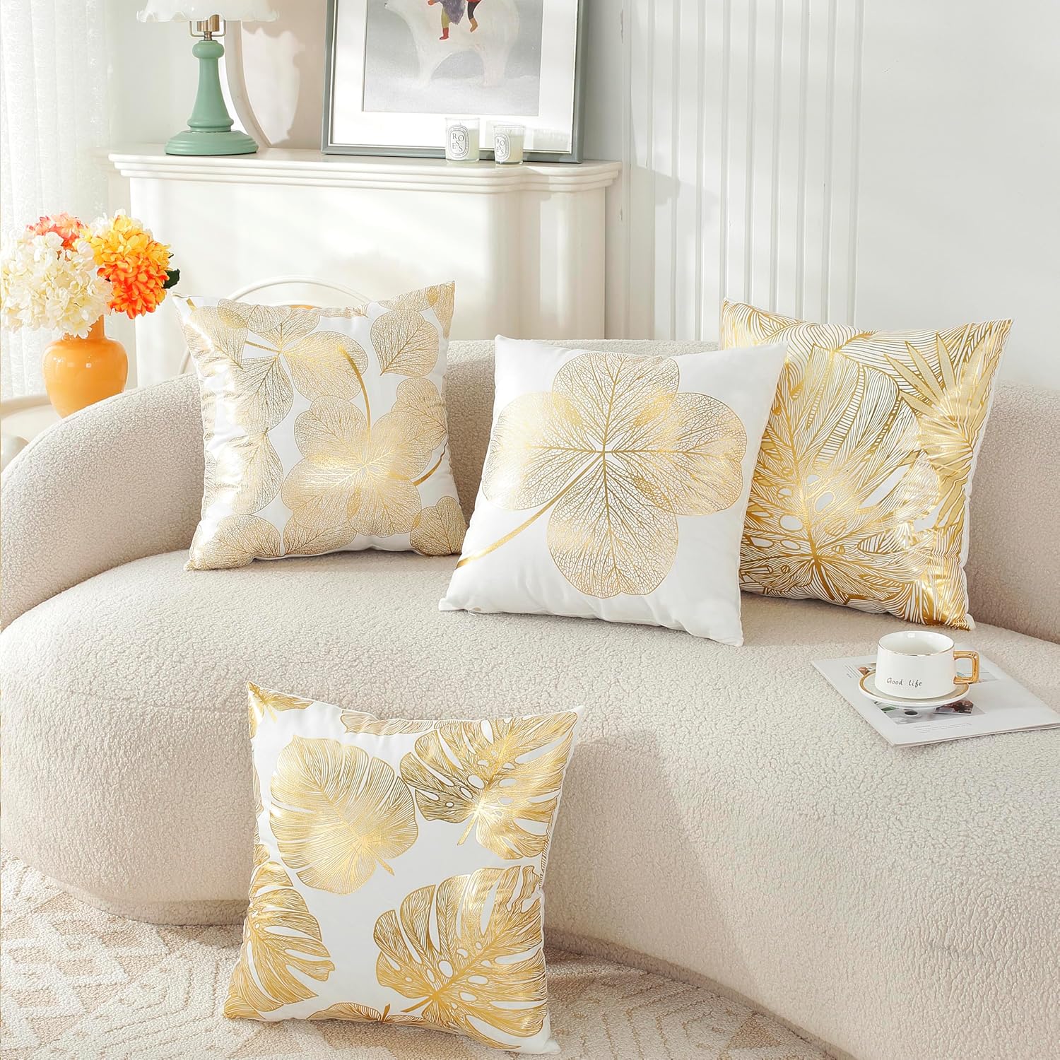 TAOSON Pack of 4, Gold Stamping Leaves Bronzing Printed Cozy Soft Throw Pillow Cases Cushion Covers Shells for Sofa Couch Bed Home Decoration 18 x 18 Inches