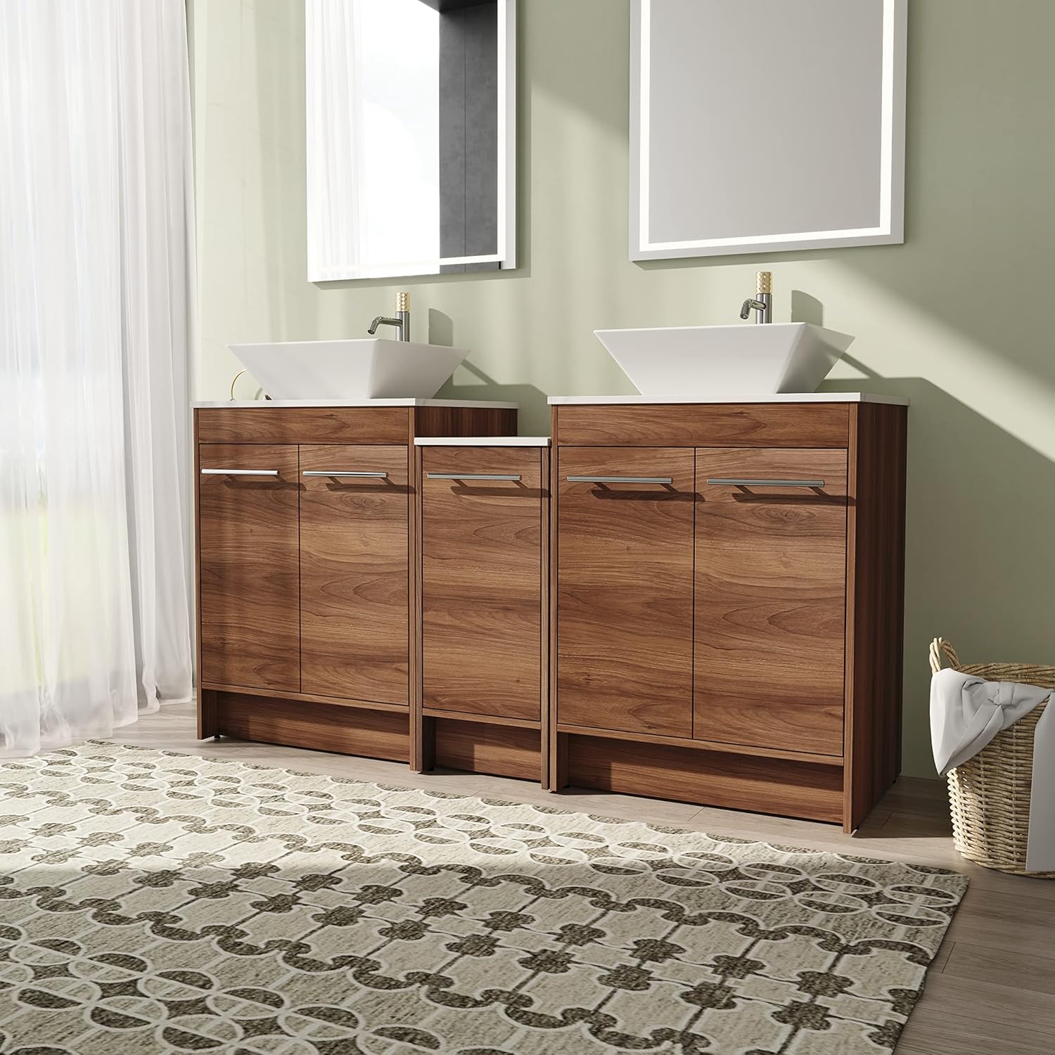 60" Bathroom Vanity with Sink, 60 Inch Freestanding Bathroom Vanity, Double Sinks Bathroom Vanity Combo, Brown Floor Standing Cabinet Set(054-BASIN101)