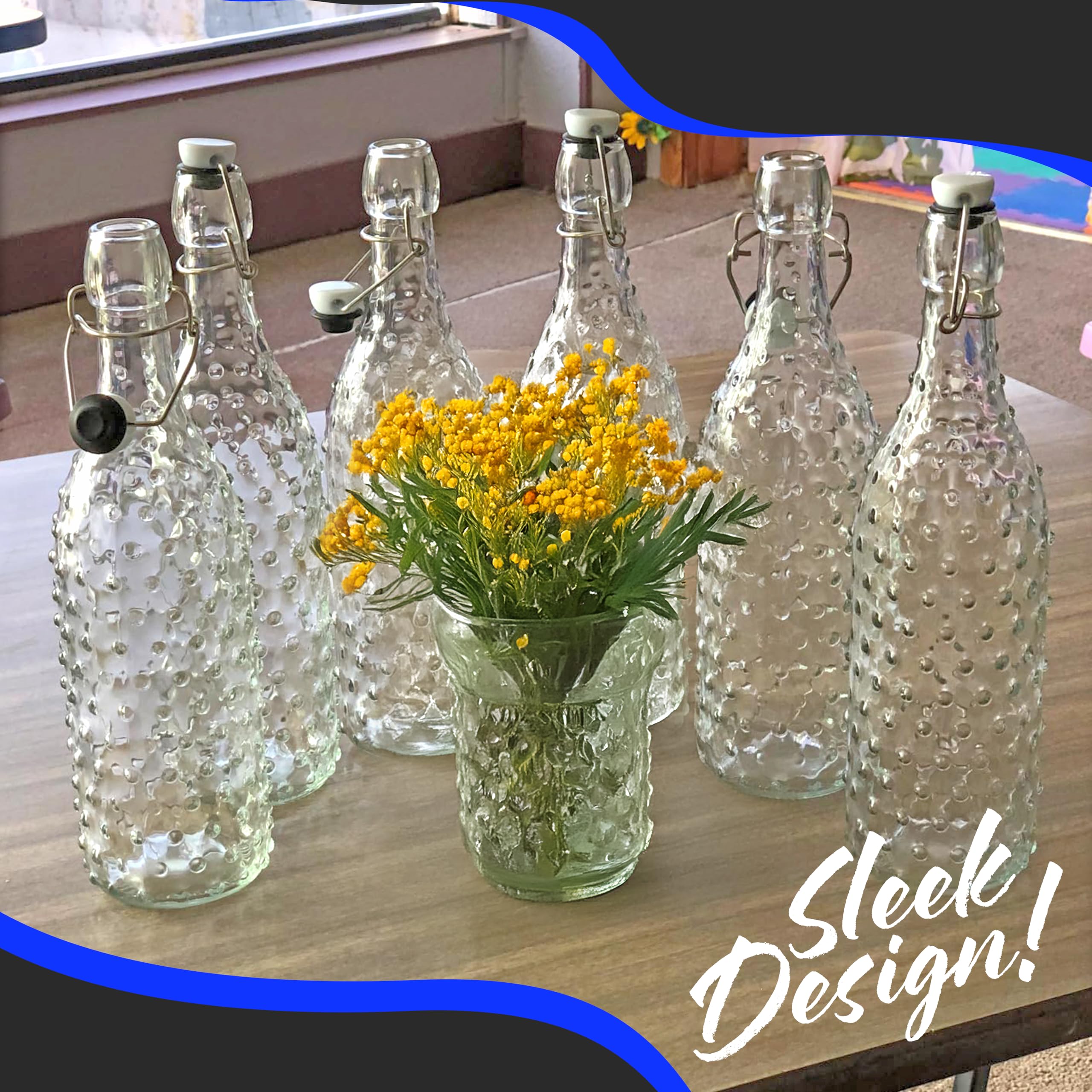Nevlers Paquete de 6 botellas de vidrio con tapa abatible de 33 onzas | Botellas de vidrio transparentes de 1 litro con tapas, embudo y cepillo | Botellas de vino decorativas para hacer vino | Juego