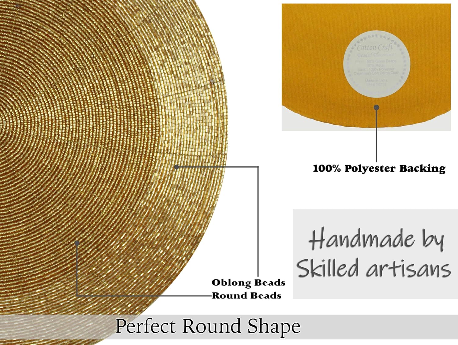 COTTON CRAFT Glitz Handmade Beaded Charger Placemats - Set of 4 - Halloween Harvest Autumn Fall Holiday Christmas Xmas Dining Celebration Festive Party Table Décor - 13.5 inch Round - Gold : Everything Else