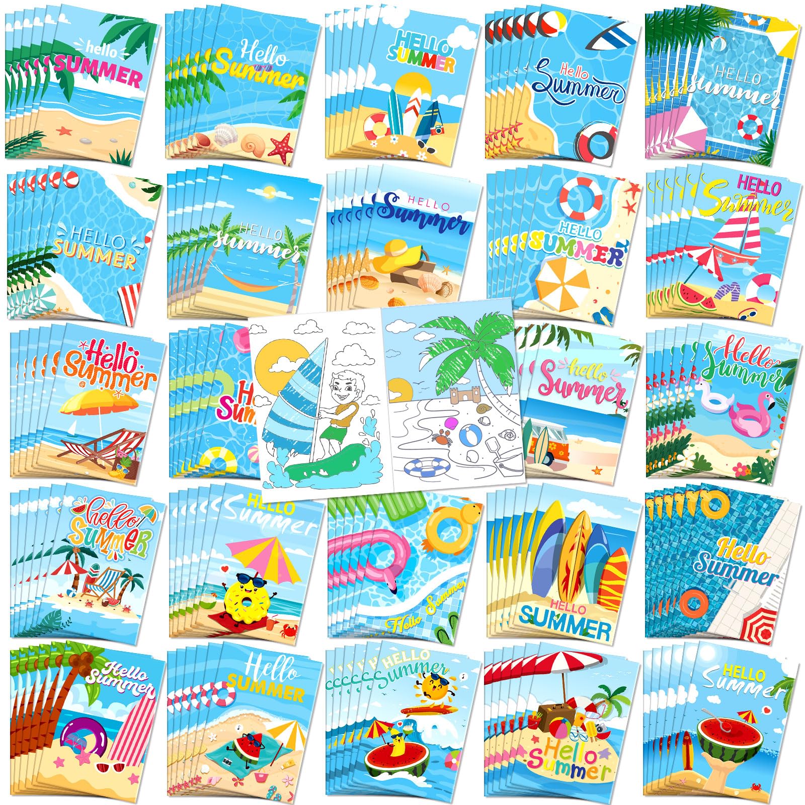 Liliful 144 Pcs Summer Coloring Book Bulk DIY Art Drawing Book with Beach Sea Watermelon Patterns Summer Favors Goodie Bag Filler and Holiday Gifts