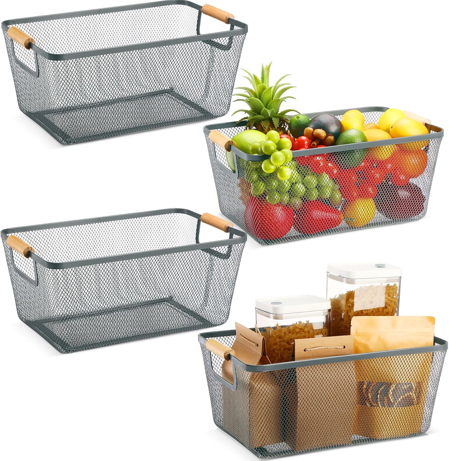 4 pcs metal wire basket with wooden handles mesh steel storage organizer bin containers for home organizing cabinet pantry closet kitchen fridge fruit makeup snacks gifts(large,dark gray) large dark gray