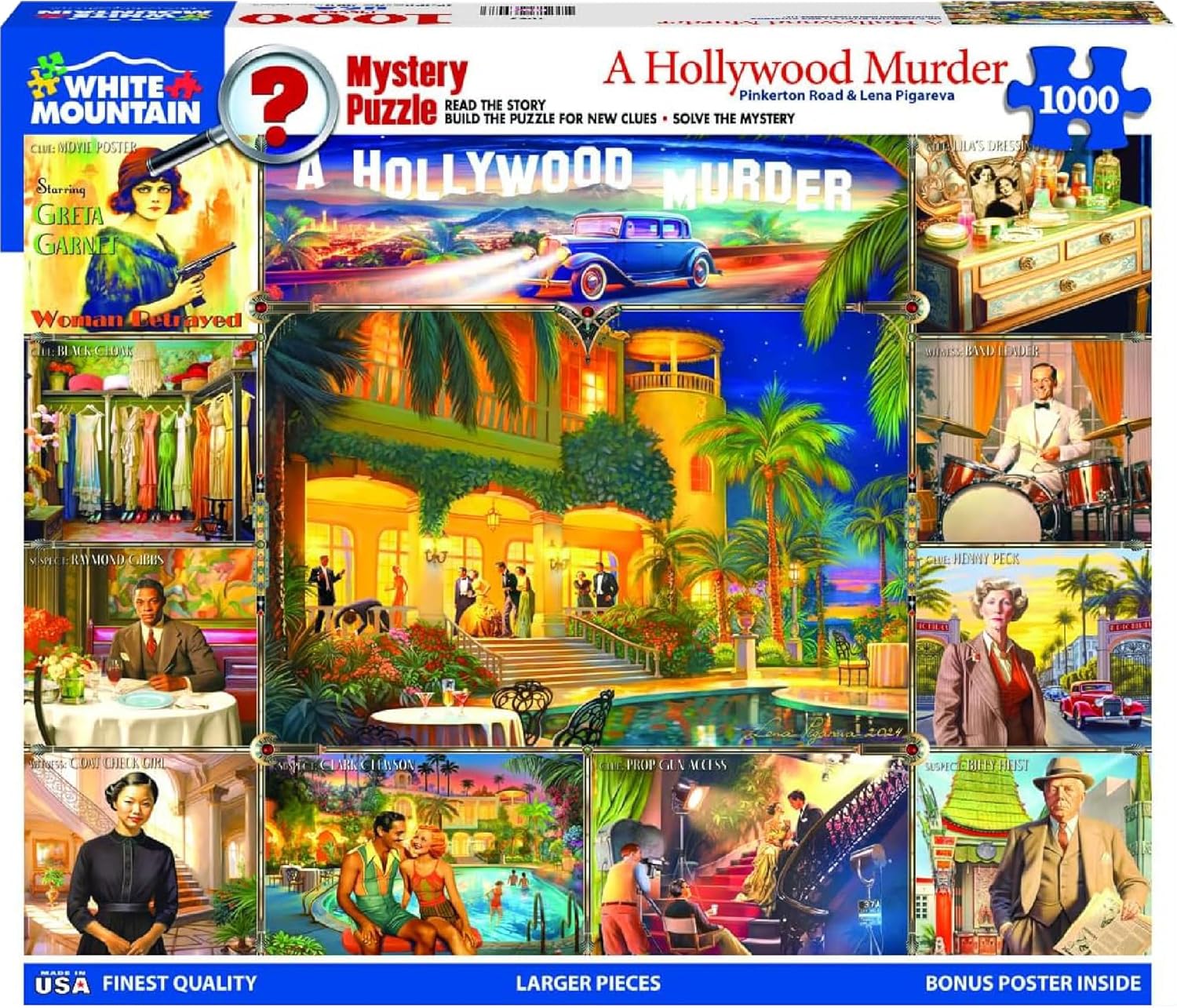 White Mountain 1000 Piece Jigsaw Puzzle Vintage Film Detective Collage Puzzles with Large Pieces Gift for Adults and Family 24"x30" - Hollywood Murder-Mystery