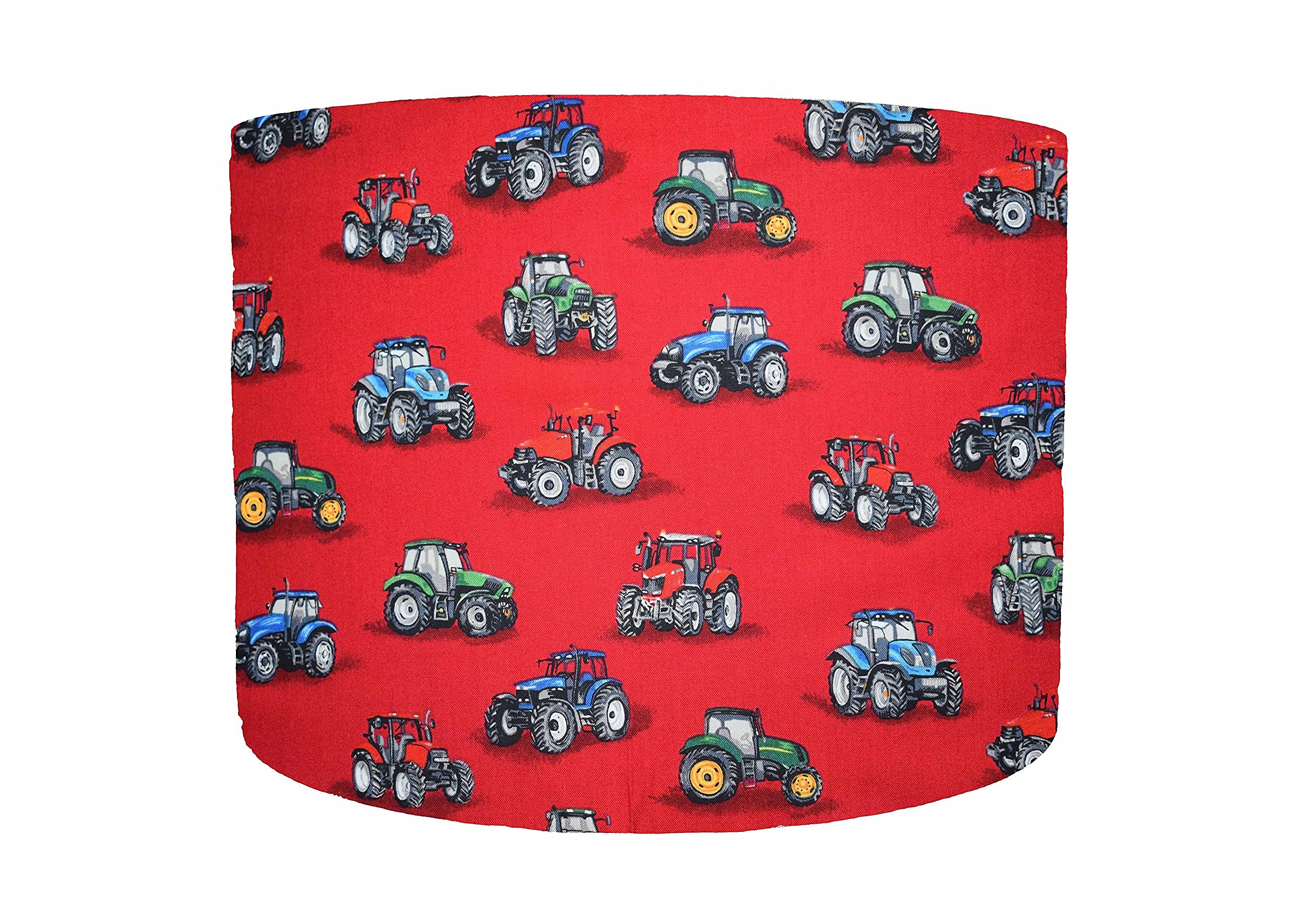 Leo & Cal, Red Tractor Drum Lampshade, Choice of 20cm 25cm 30cm Diameter, Farm Themed Nursery, Childrens Bedroom Lamp Shade Farmyard Vehicles, Kids Construction Room Accessories, Boy Light Shade