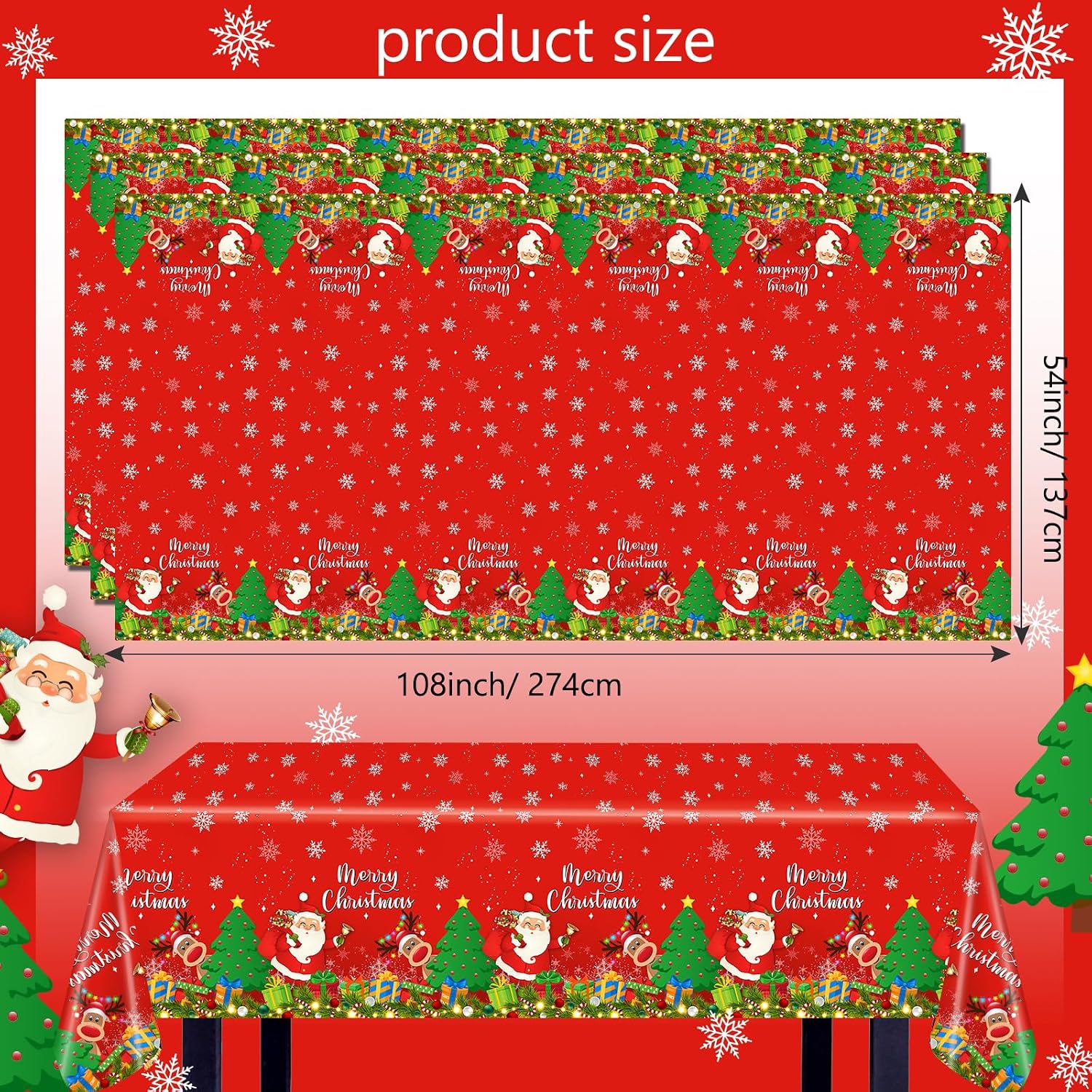 Avezano 3 Pcs Christmas Tablecloths Disposable Santa Reindeer Tablecover Plastic Large Merry Christmas Holiday Party Tablecloth 108x54 inch