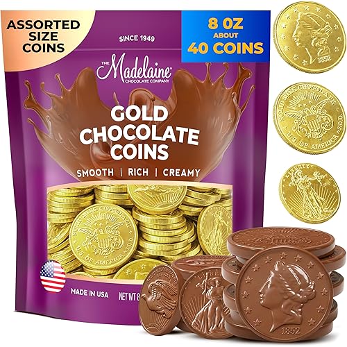 Madelaine St. Patrick’s Day Gold Chocolate Coins - 8 Oz About 40 Assorted Sizes Milk Chocolates Gold Coins - Individually Wrapped St Patricks Day Candy Basket Fillers Holiday Treats & Party Favors