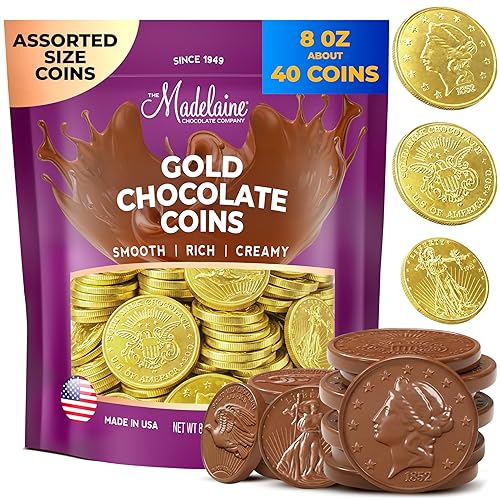 Miniatura 7 de Madelaine Monedas de chocolate dorado – Rellenos de cesta de caramelos envueltos individualmente – Tamaños surtidos 4 Oz Monedas de chocolate dorado