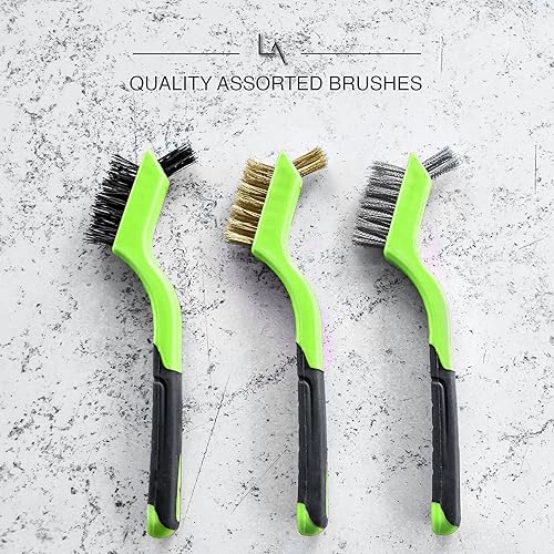 Miniatura 39 de Juego de 3 cepillos de alambre, cerdas de nailon/latón/acero inoxidable con mango curvado para óxido, suciedad y limpieza profunda, 7 pulgadas (rojo)