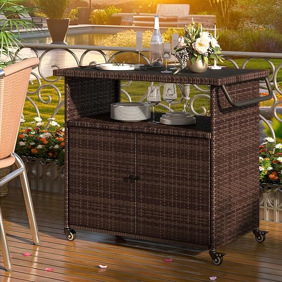U-MAX Outdoor Grill Table with Storage Kitchen Island Prep Table Rattan Storage Cabinets Outdoor Grill Cart for Patio, Outside, Backyard, Bar, BBQ Serving Cart Cooking Grilling Station
