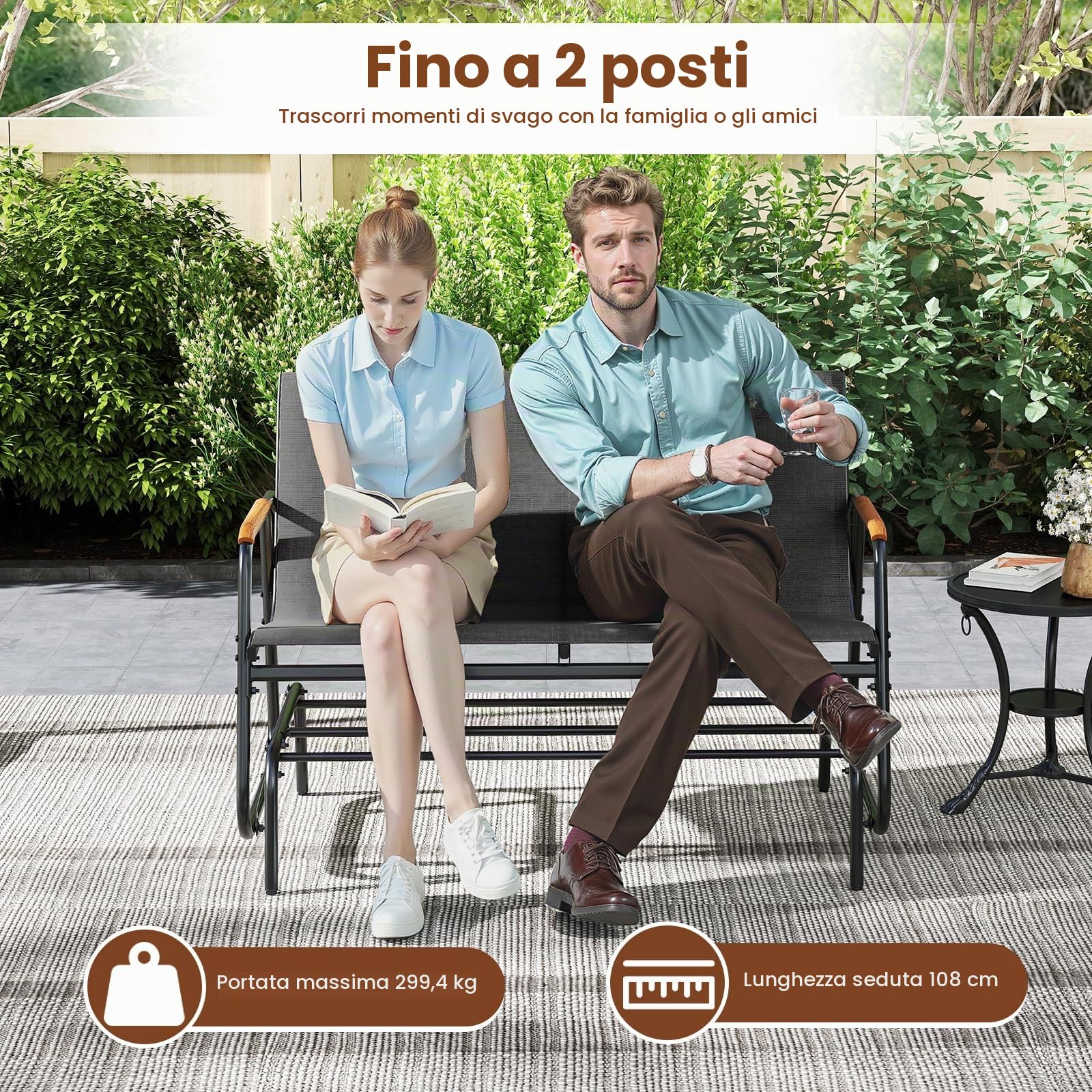 KOMFOTTEU Panca da giardino da 2/3 posti, in tessuto con braccioli curvi, panca per seduta fino a 300/450 kg, panca da giardino, balcone (74 x 115 x 84 cm)