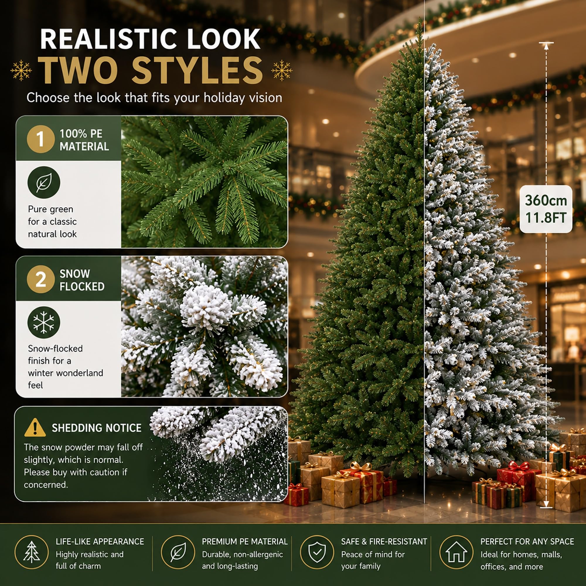 Árbol de Navidad Artificial de PE 360CM, Arbol Navidad Nevado Preiluminado