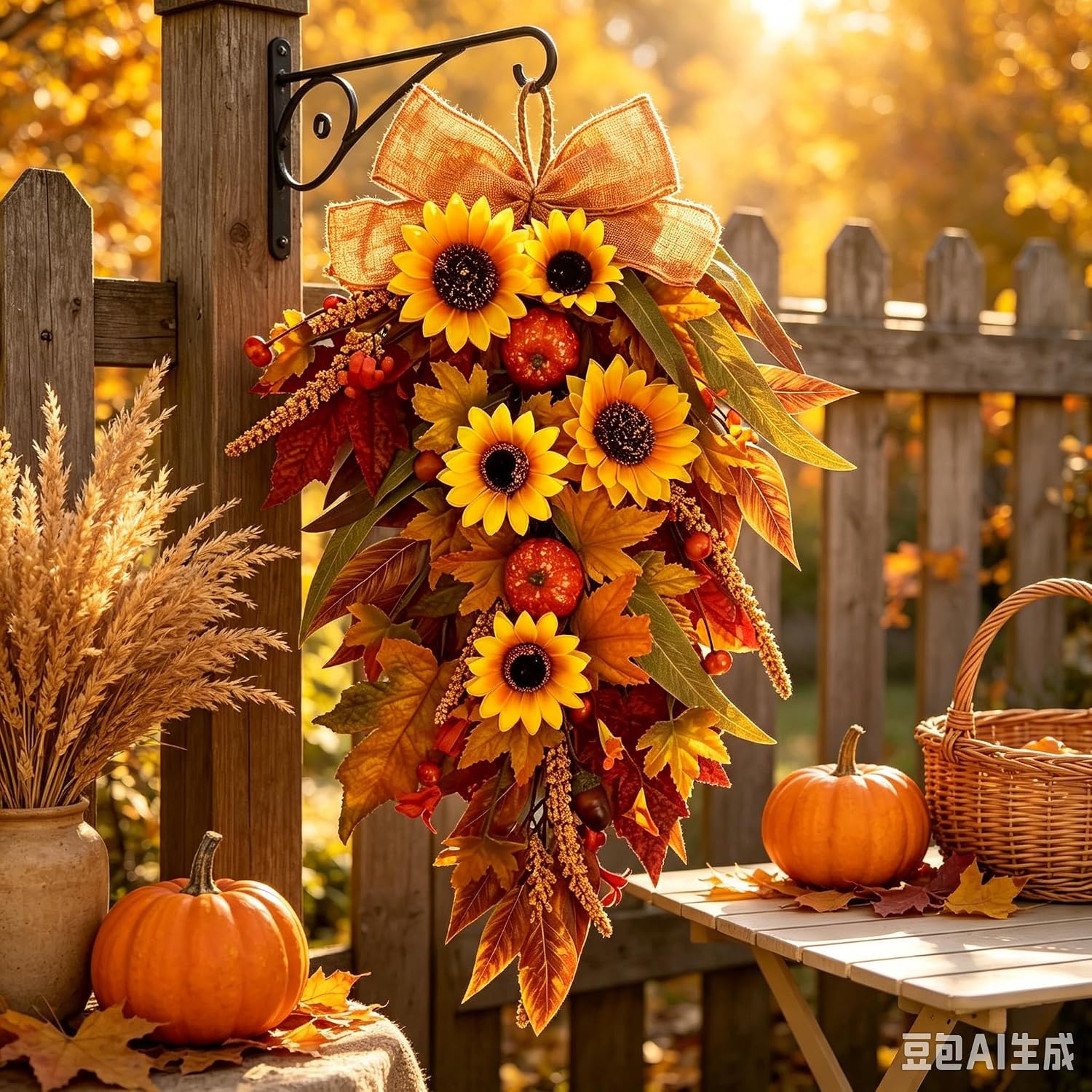 20" Fall Teardrop Swag for Front Door, Farmhouse Artificial Autumn Wreath
