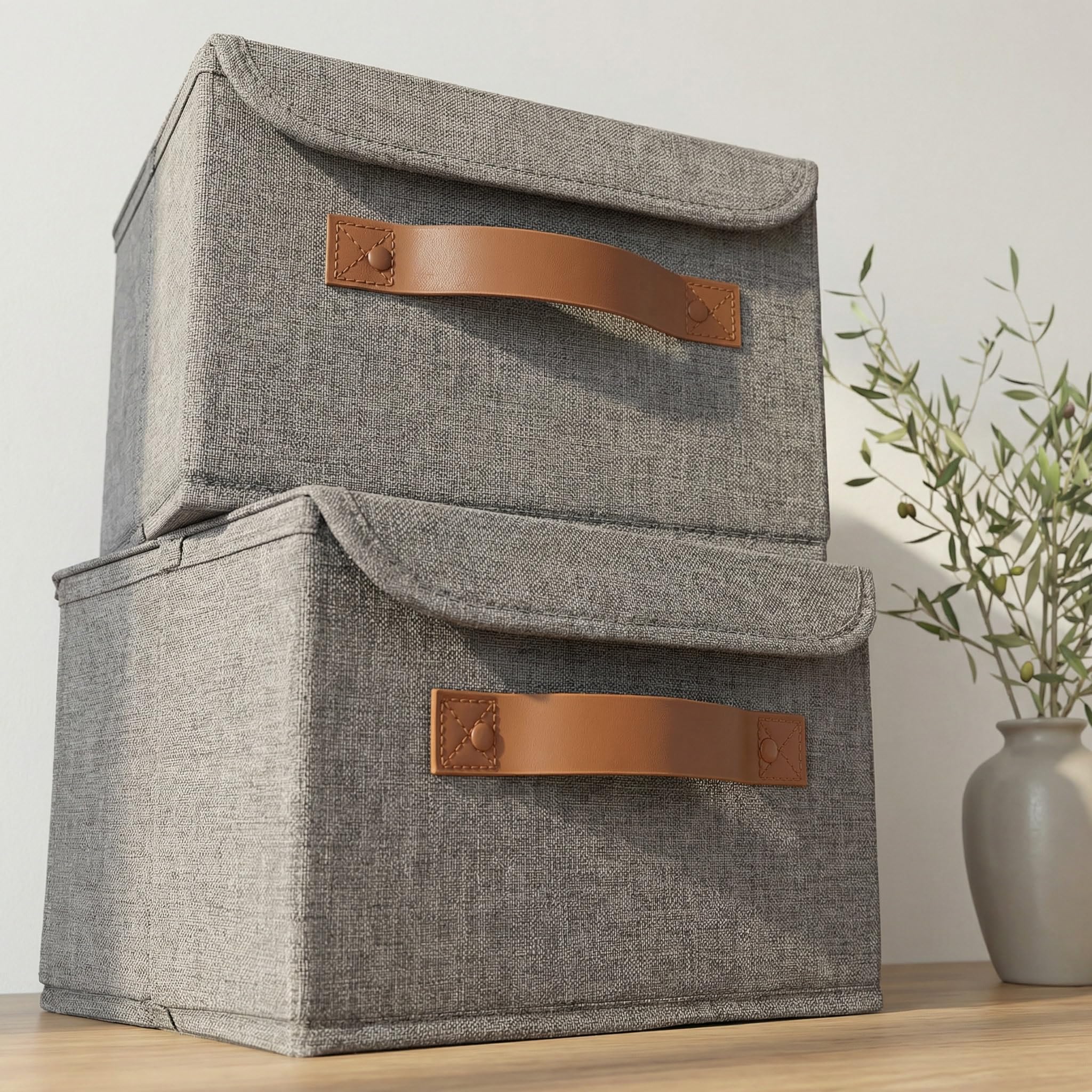 ZICOTO Beautiful Storage Bin with Lid – Foldable Cotton-Linen Fabric Box with PU Leather Handles, Decorative Closet Organizer Cube Reinforced with PP Board – Beige, Small
