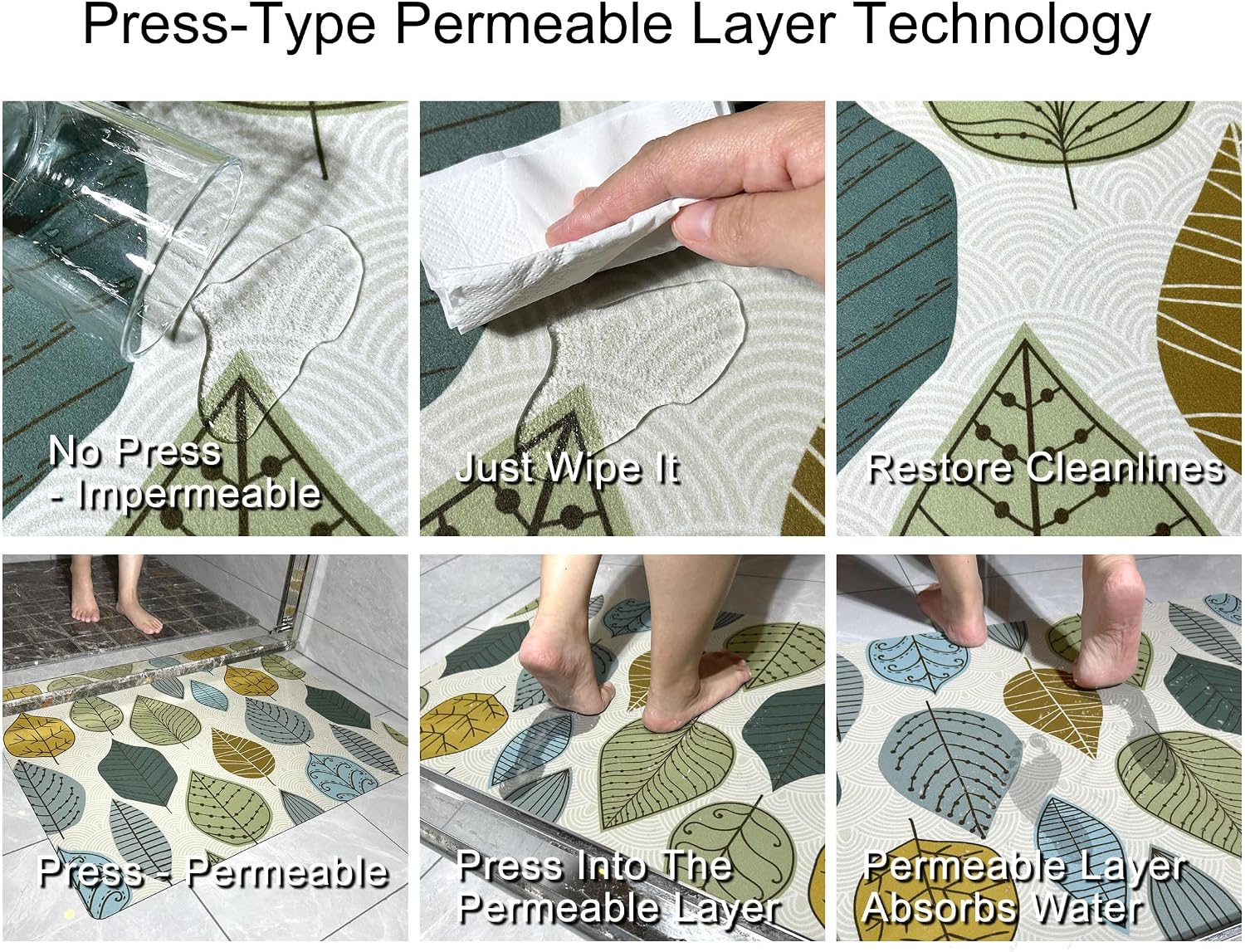 1/10 Inch Ultra Thin 24"×35" Large Front Door Mat Indoor Entrance Inside Non Slip, Waterproof Rubber Kitchen Mat and Interior Home Washable Door Mat, Multi Leaves