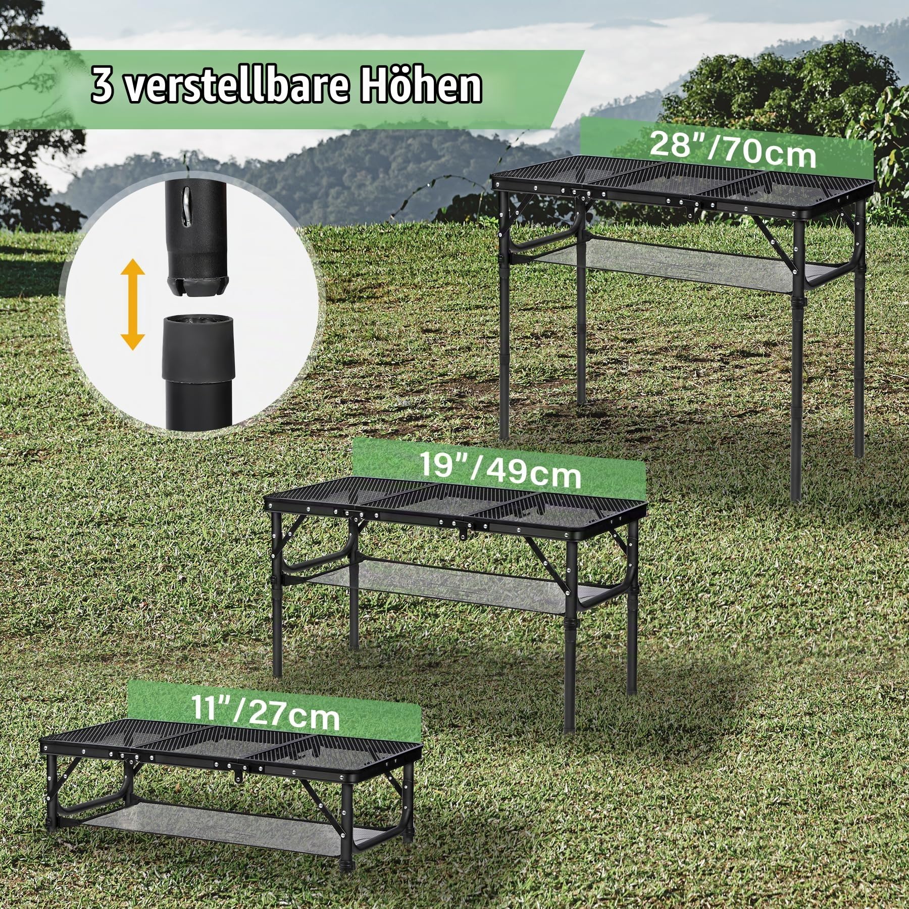 REDCAMP Tragbarer Grilltisch mit Mesh Desktop, höhenverstellbar, Schwarz | 87 x 40cm, Leichter Faltbarer Klappbarer Campingtisch, für Camping Kochen BBQ RV Picknick,einfach aufzubauen