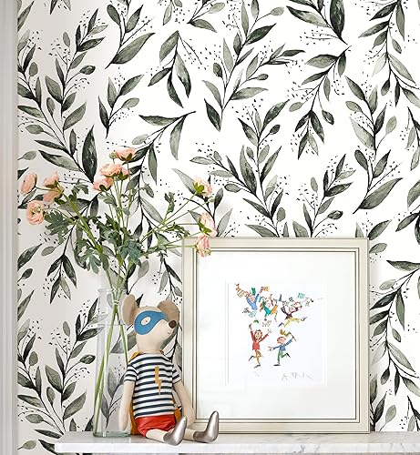 Miniatura 1 de Erfoni - Papel tapiz autoadhesivo de hojas verdes, papel adhesivo floral de 17.7 x 590.5 pulgadas, hojas verdes, hojas de oliva, flores botánicas,