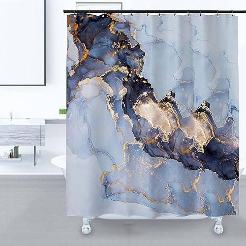 Miniatura 9 de Domoku Cortina de ducha de tela de mármol para decoración de baño, moderna, estándar de lujo, impermeable, lavable, 72 x 78, azul, azul cielo dorado