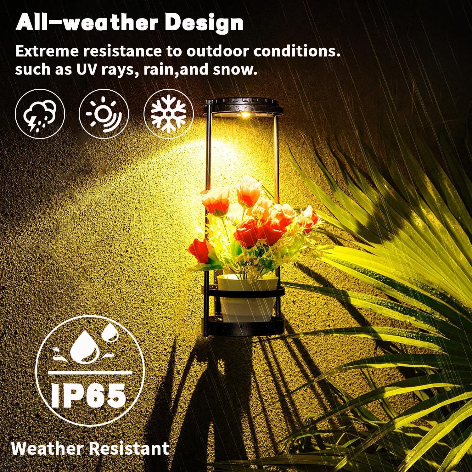 Solar Floor Lamps with Plant Stand, 3 Color Temperatures Solar Outdoor Lights, Metal Hanging Plant Holder Outdoor Wall Sconce for Garden Yard Patio Balcony (Black)
