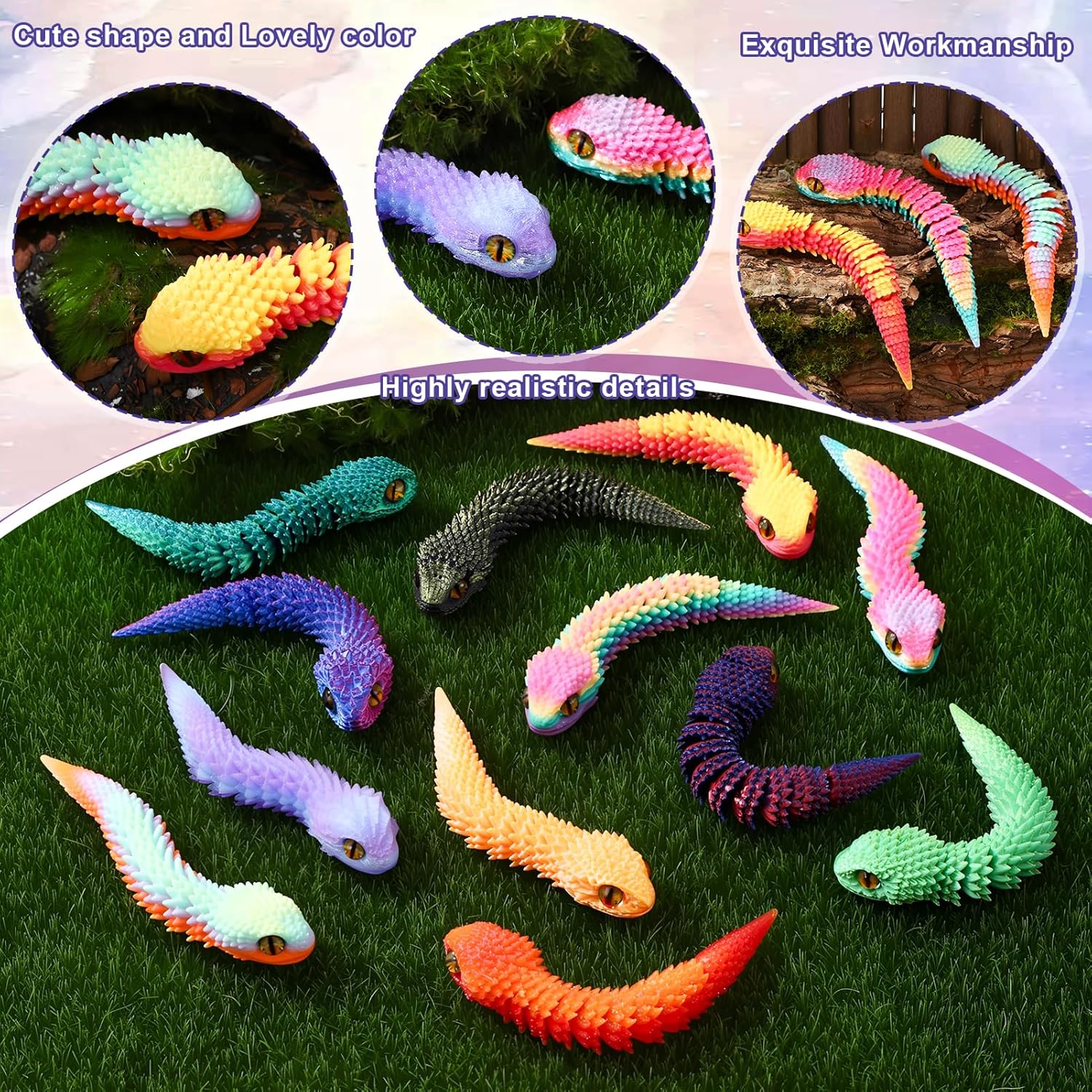 24 Pcs 3D Printed Snakes Toys Small 3D Printed Animals Flexible Cute Articulating Fidget Toys for Desk Decor (Multicolor)