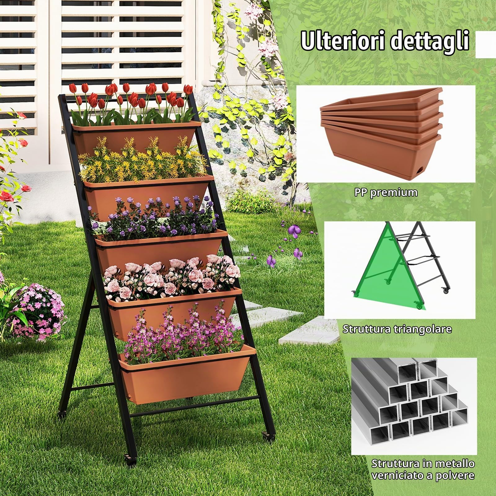 HOMASIS Fioriera da Balcone a 5 Ripiani con 4 Ruote, Scaffale per Piante con 2 Ruote con Freno, Carrello per Piante, Fiori, Verde, Portapiante da Giardino, Balcone, Cortile (Marrone, 57 x 74 x 132 cm)