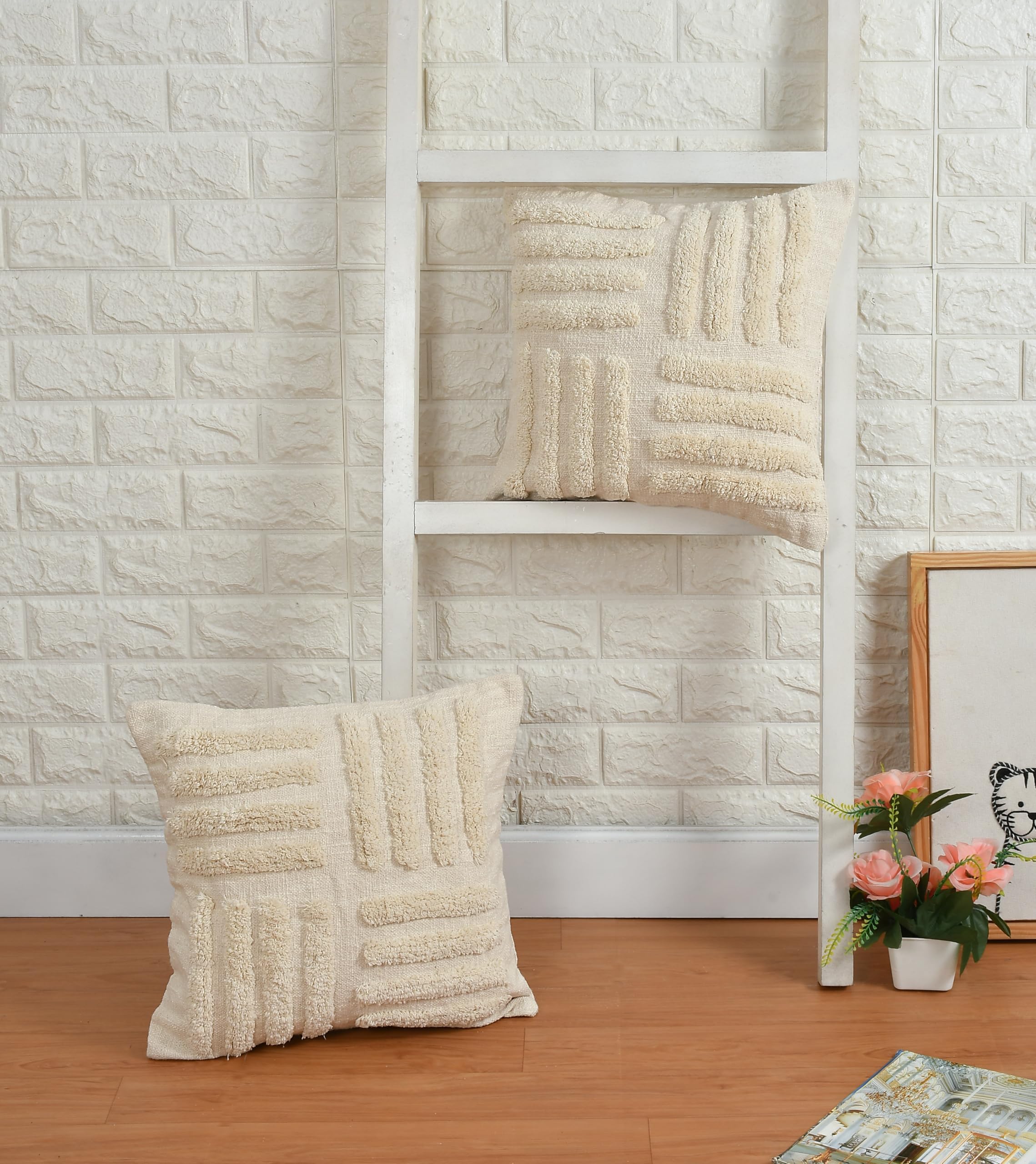 Furnistitchs Premium Decorative Throw Cushion Pillow Cover Boho Home Decor - Living Room Bedroom Couch Sofa Cushion Covers 16 inch x 16 inch (1, Natural White Lines)